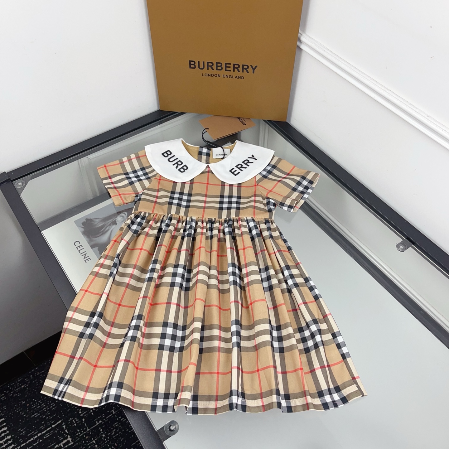 Burberry Girls Vintage Khaki Check Short Sleeve Peter Pan Letter Print Collar A-Line Cotton Dress Kids Princess Dress Sizes 90-140