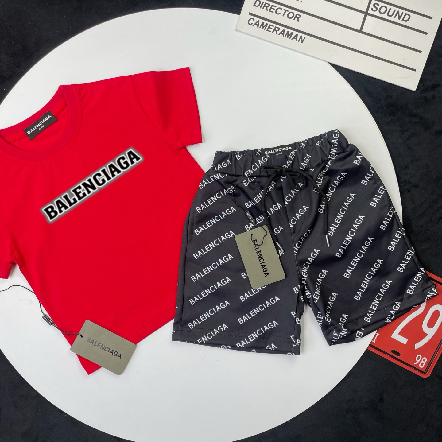 Balenciaga Unisex Kids Red Front Logo Print Short Sleeve T-Shirt & All Over Letter Print Black Casual Shorts 2 Piece Outfit Boys Girls Sizes 90-150