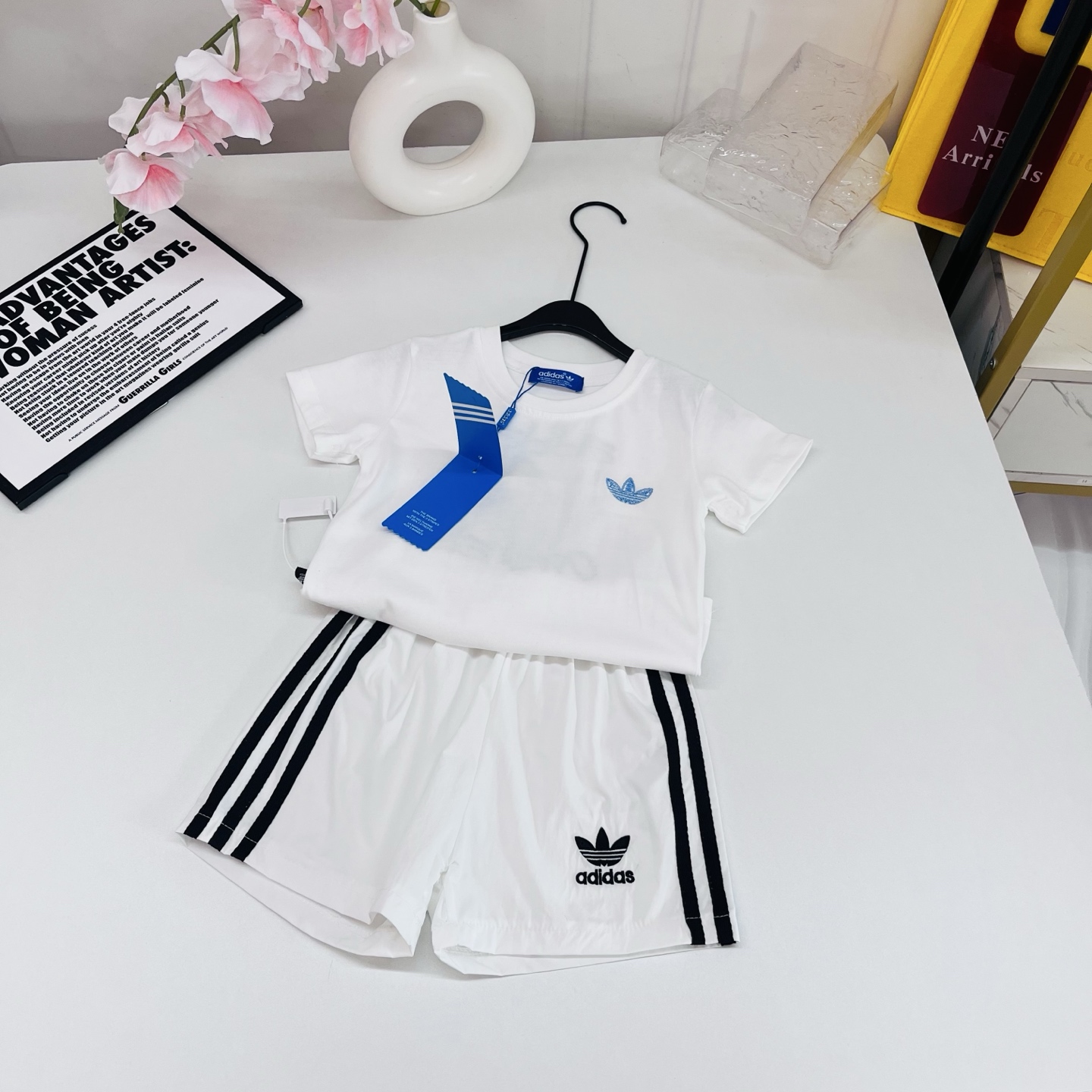 Adidas Unisex Kids 2Pcs Tracksuit For Boys Girls Embroidered Trefoil Tee & 3 Stripe Shorts Sizes 80-110cm