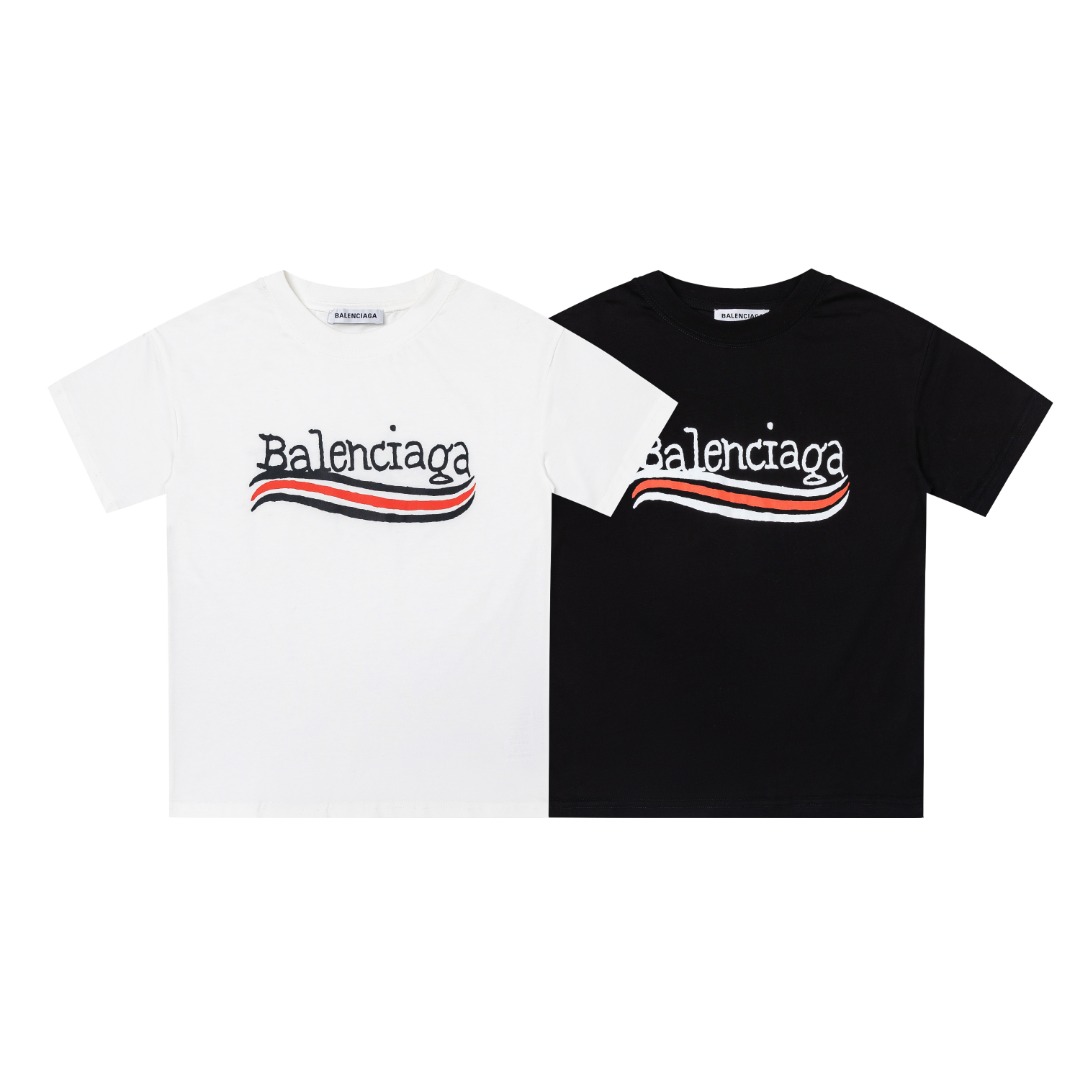 Balenciaga Unisex Kids Double Sided Stripe Script Logo Print Short Sleeve Cotton T-Shirt Boys Girls Basic Tee Sizes 100-160