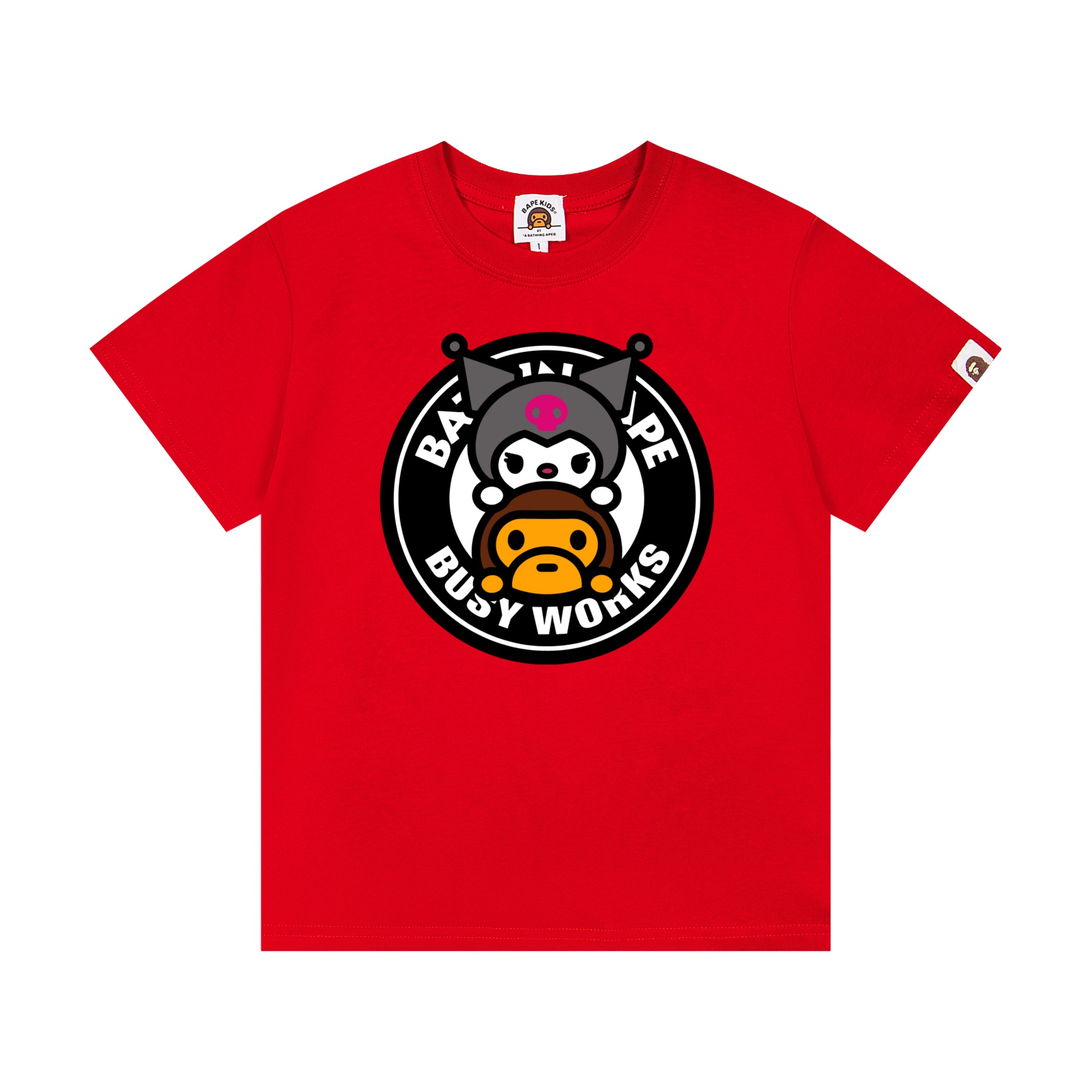 Bape Unisex Kids Black White Pink Red Kuromi Baby Milo Busy Works Circle Graphic Short Sleeve T-Shirt Boys Girls Sizes 90-150