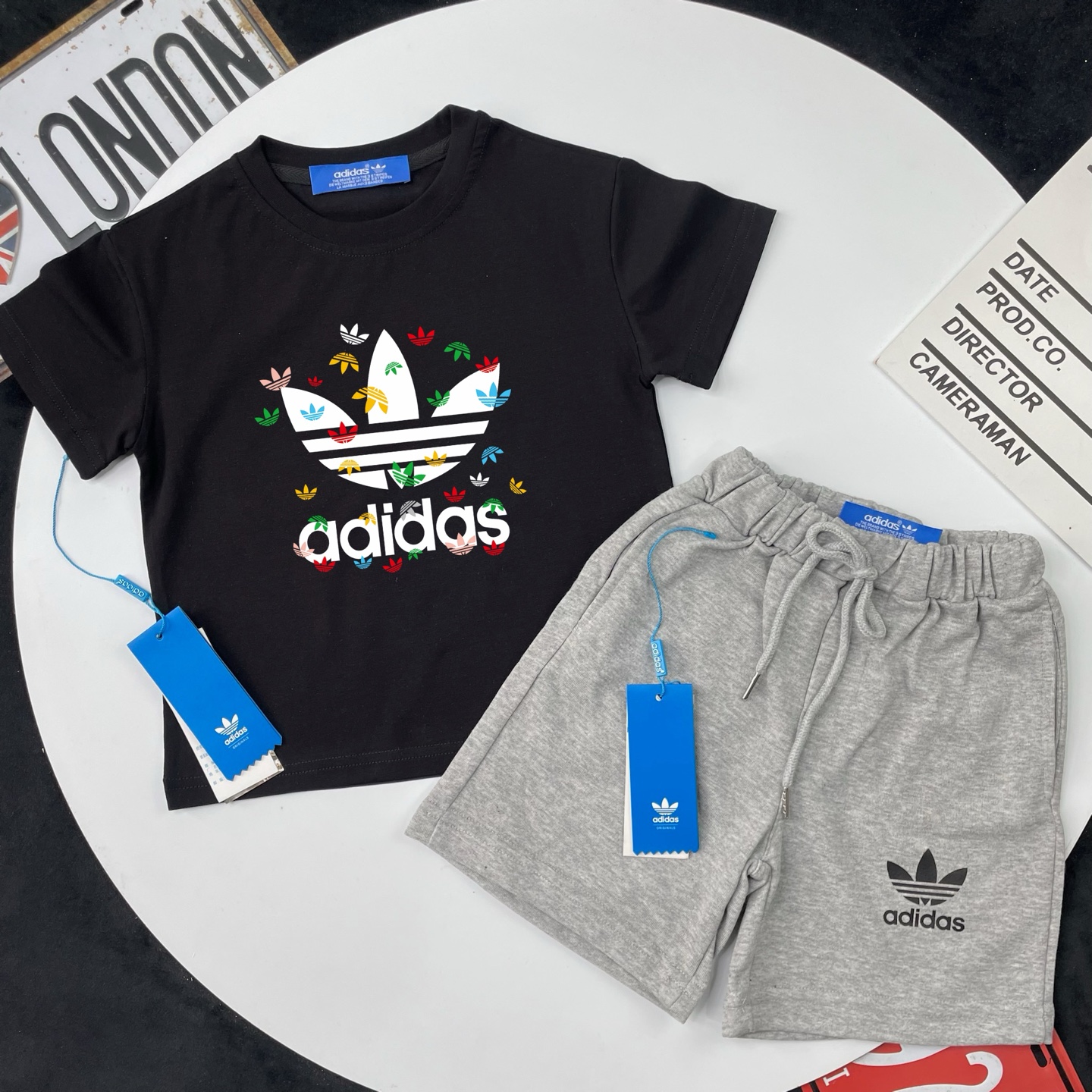 Adidas Kids 2Pcs Colorful Mini Trefoil Graphic Tee & French Terry Sweat Shorts Set For Boys Girls Full Original Tags Sizes 90-150