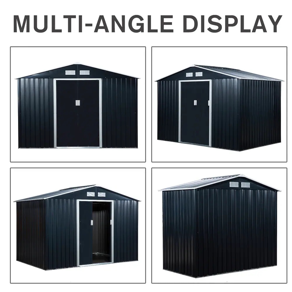 Outsunny 9 x 6ft Garden Metal Storage Shed, Outdoor Storage Tool House with Ventilation Slots, Floor Foundation and Lockable Double Doors