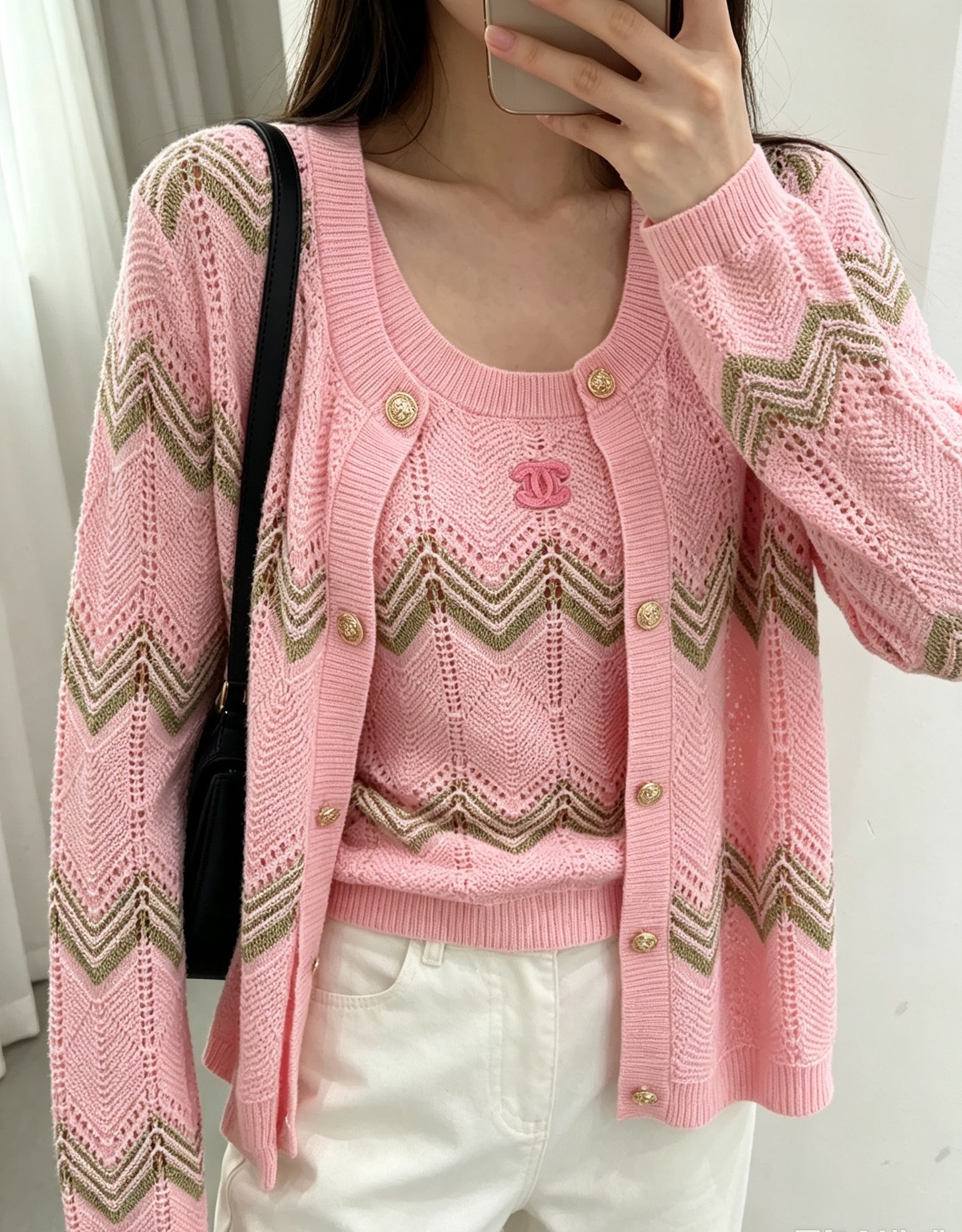 [TOP] CHANEL Knit Cardigan & Vest Set - Pink - 711 Luxury