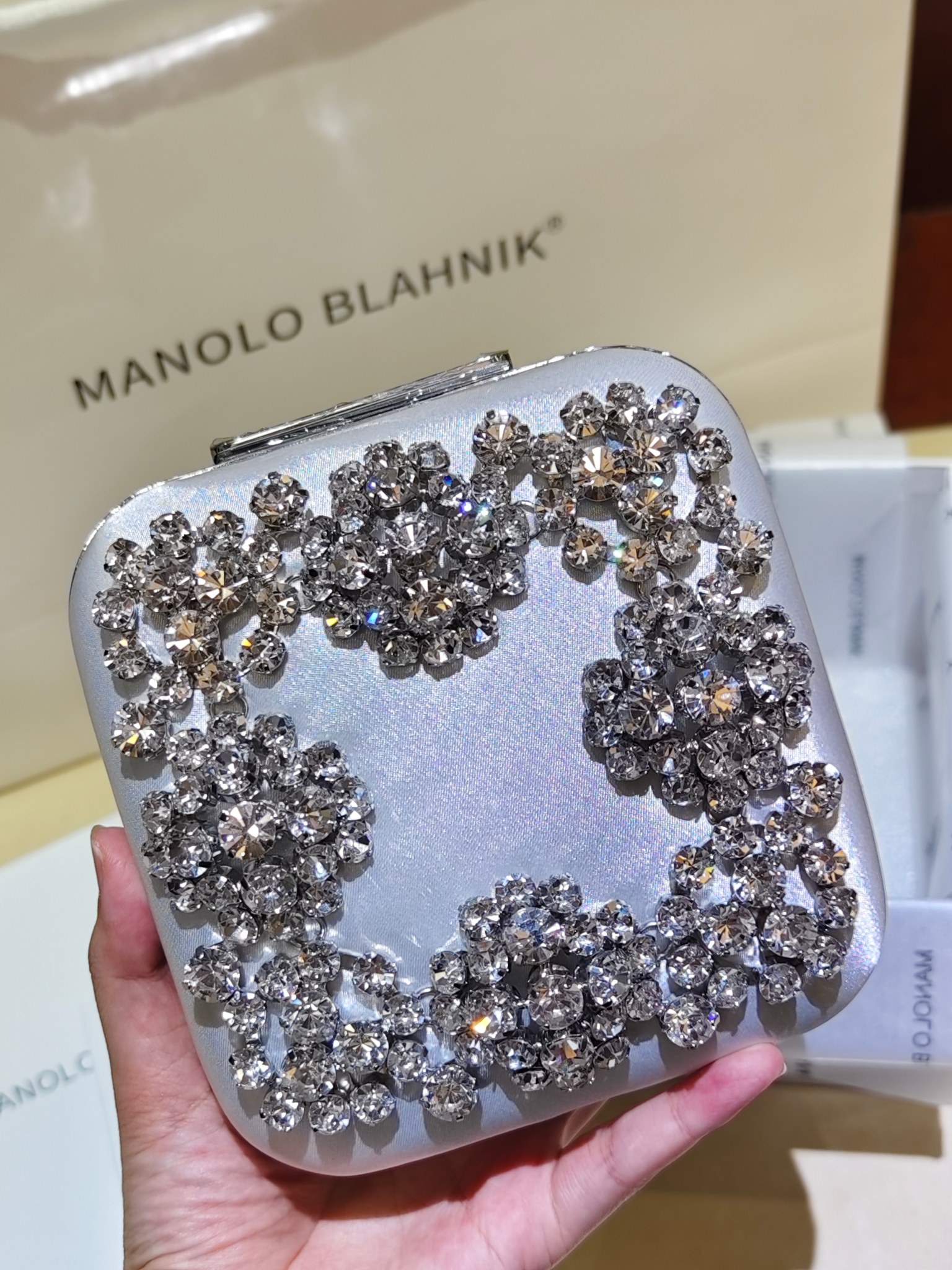 [TOP] MANOLO BLAHNIK Lace-patterned Square Bag 15.8*17*7.3cm - Sliver - 711 Luxury