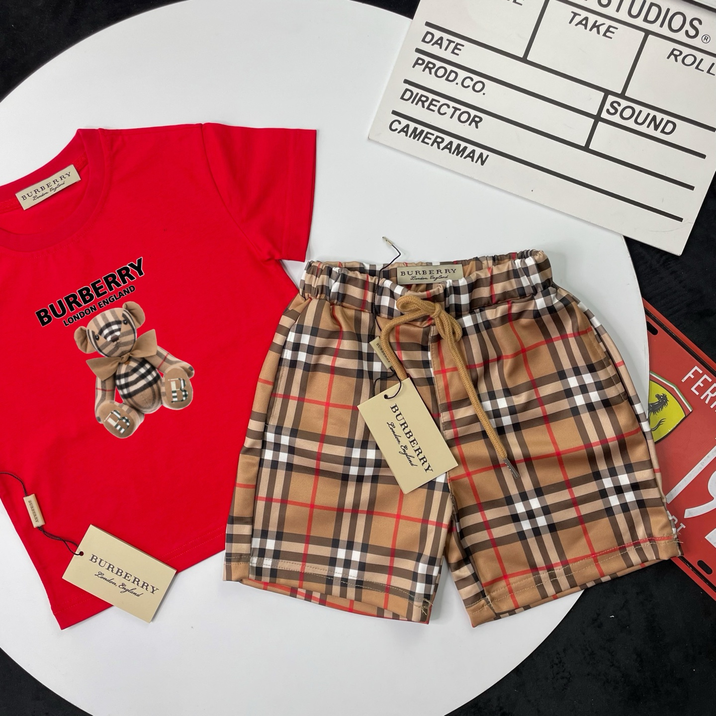 Burberry Unisex Kids Red Bear Print Short Sleeve Cotton T-Shirt & Vintage Check Drawstring Shorts 2 Piece Separable Set Boys Girls Sizes 90-150