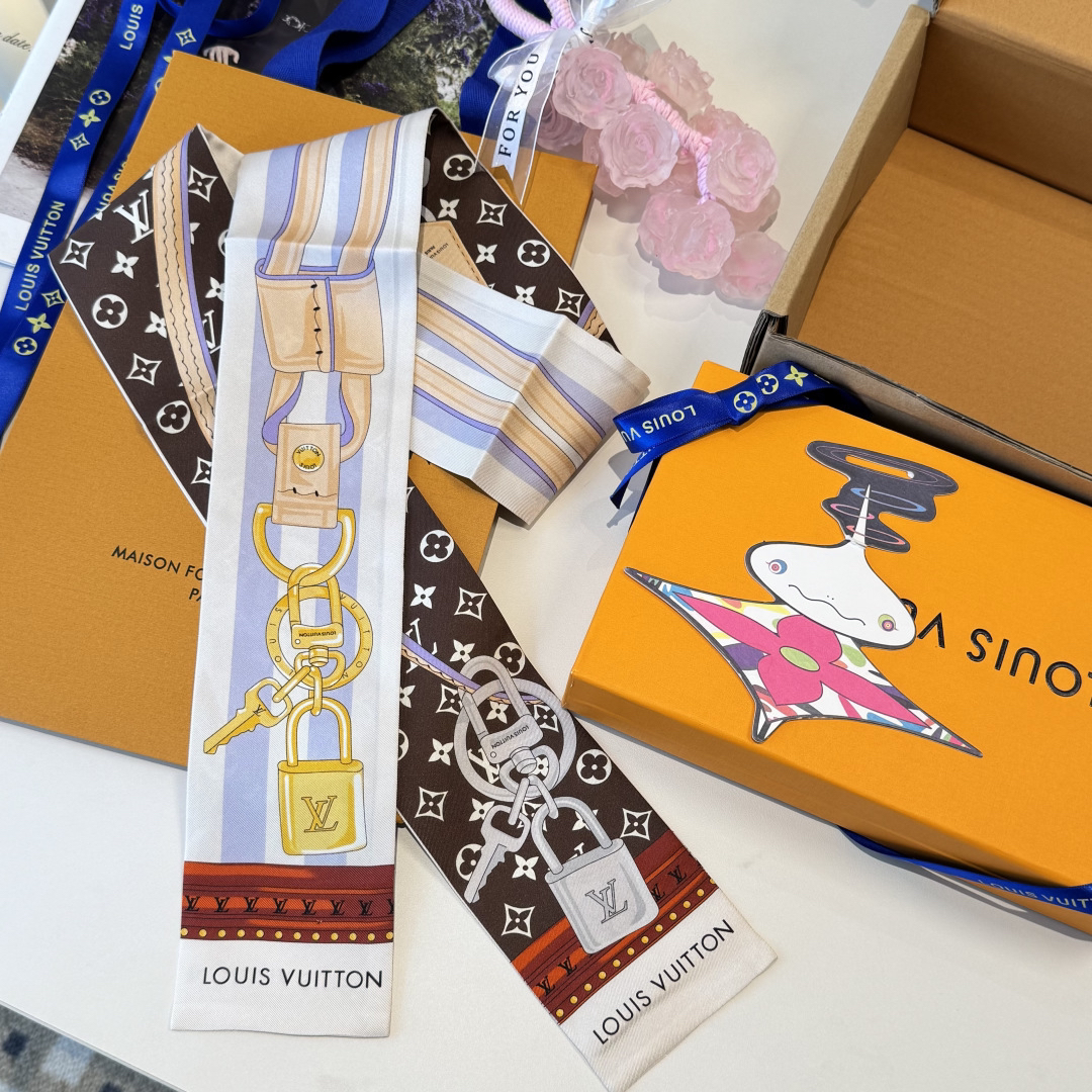 [TOP] Louis Vuitton LV Twilly Scarf - White and Brown - 711 Luxury