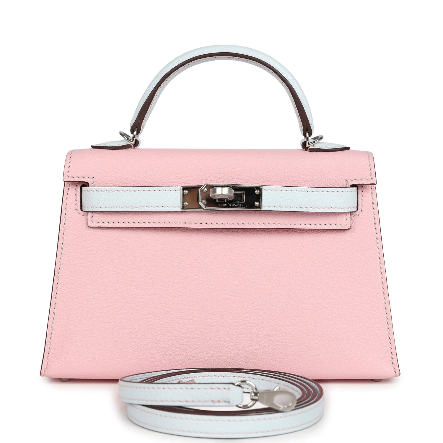 Hermes Special Order (HSS) Kelly Sellier  Rose Sakura and Bleu Brume Chevre Palladium Hardware