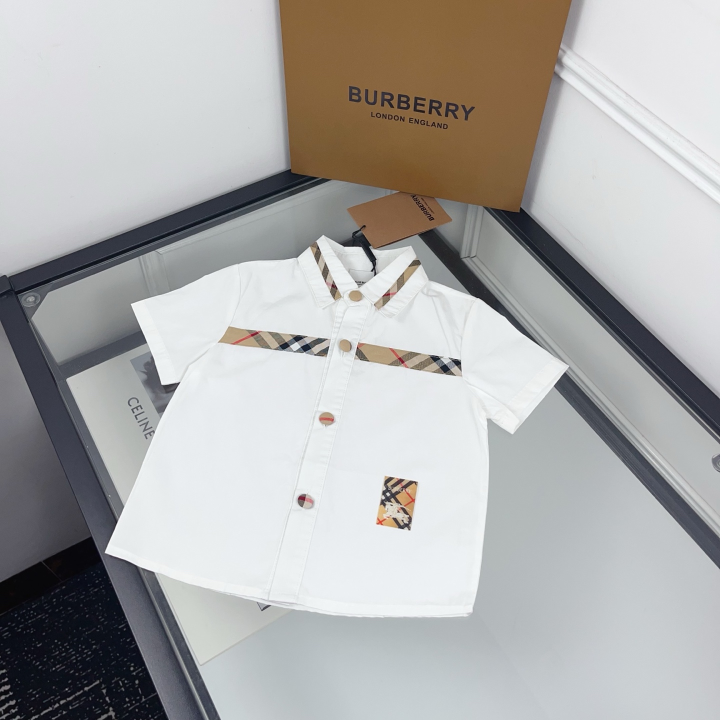 Burberry Unisex Kids White Vintage Check Stripe Patchwork Short Sleeve Shirt Boys Girls Contrast Button Cotton Casual Blouse Sizes 90-150