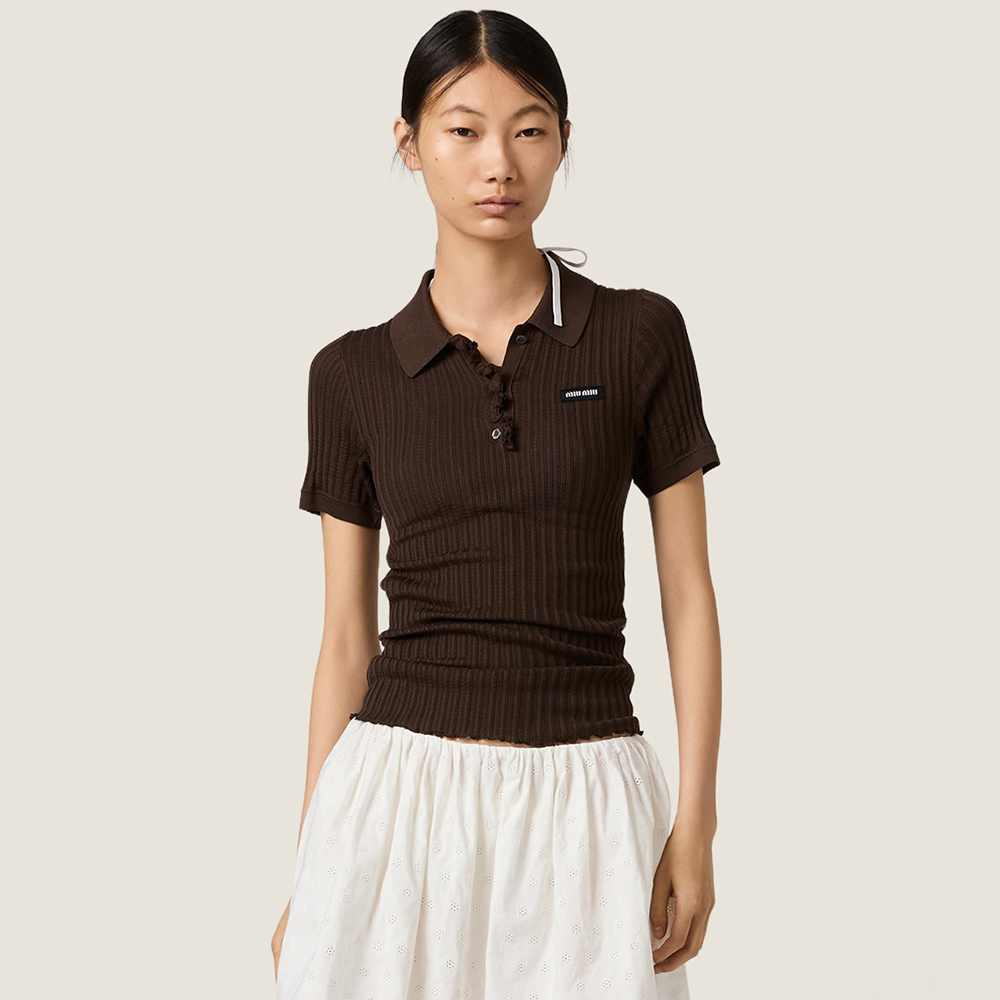MiuMiu Cocoa Brown Silk Knit Polo Shirt #388356