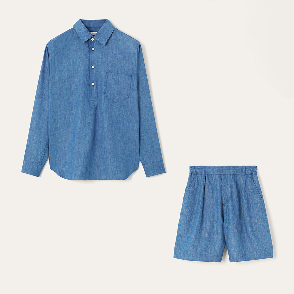 Loro Piana Evie Shirt Reinga Bermuda Shorts Cotton Linen Sapphire Dream #384969