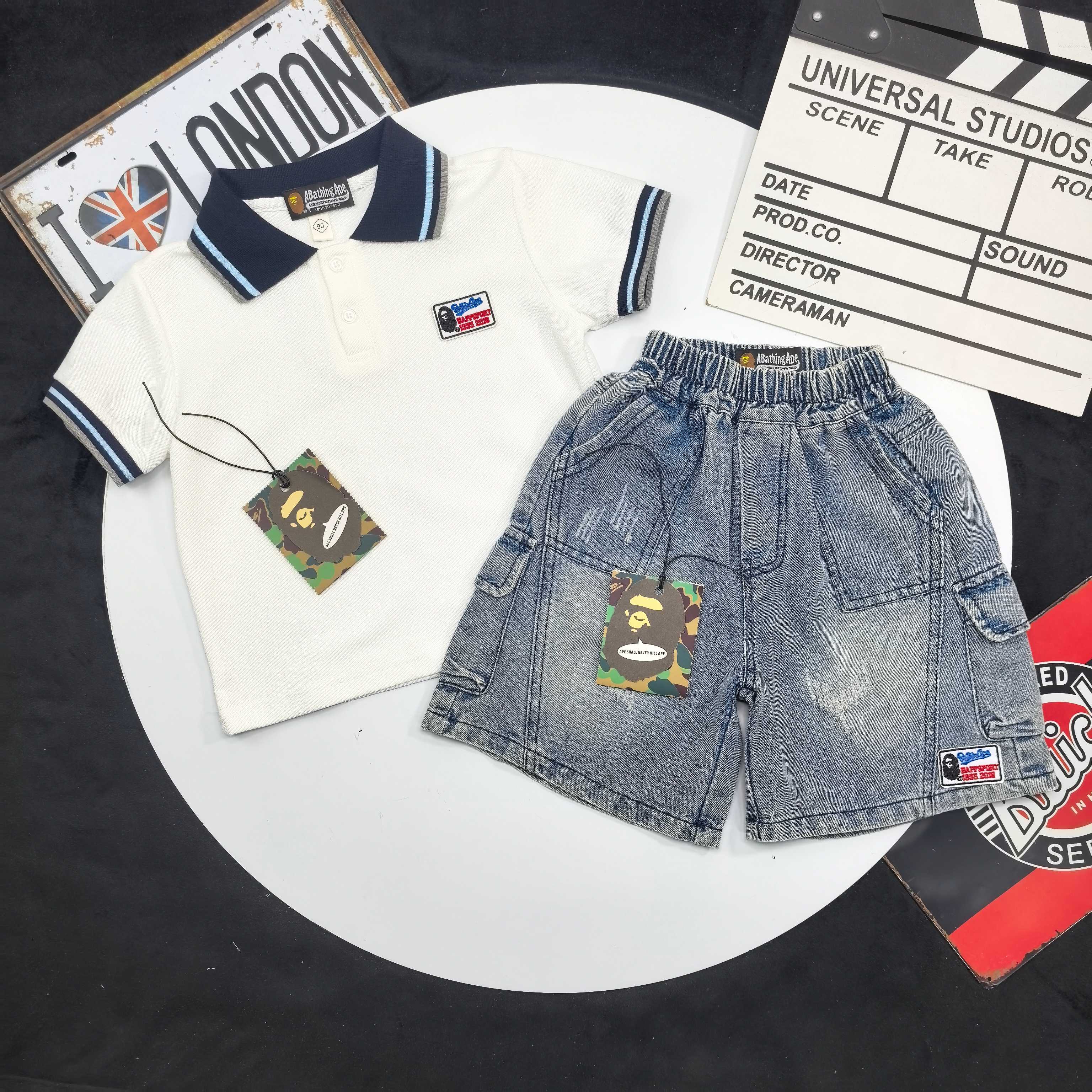 Bape Unisex Kids White Navy Striped Collar Polo Shirt & Washed Denim Cargo Shorts Set Boys Girls Sizes 90-160