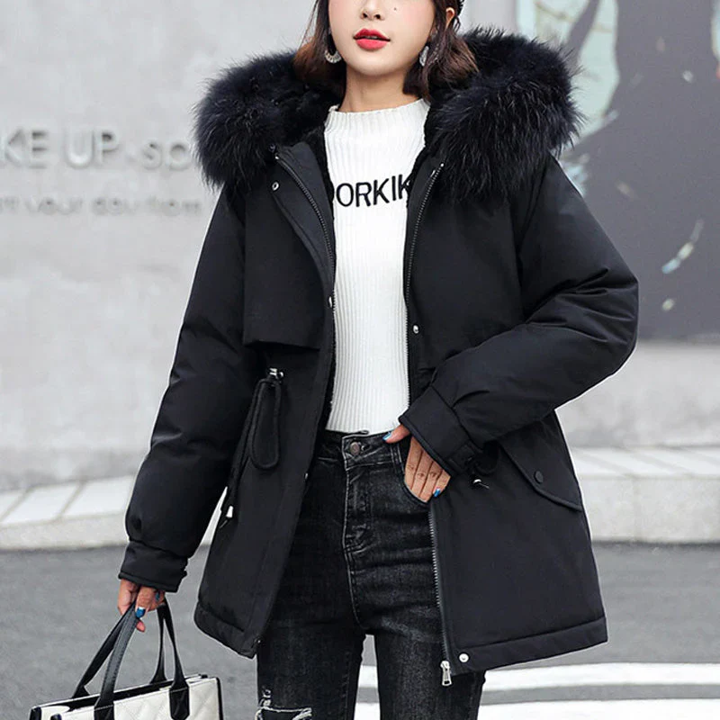Women's winter coat with loose hood and thick synthetic fleece