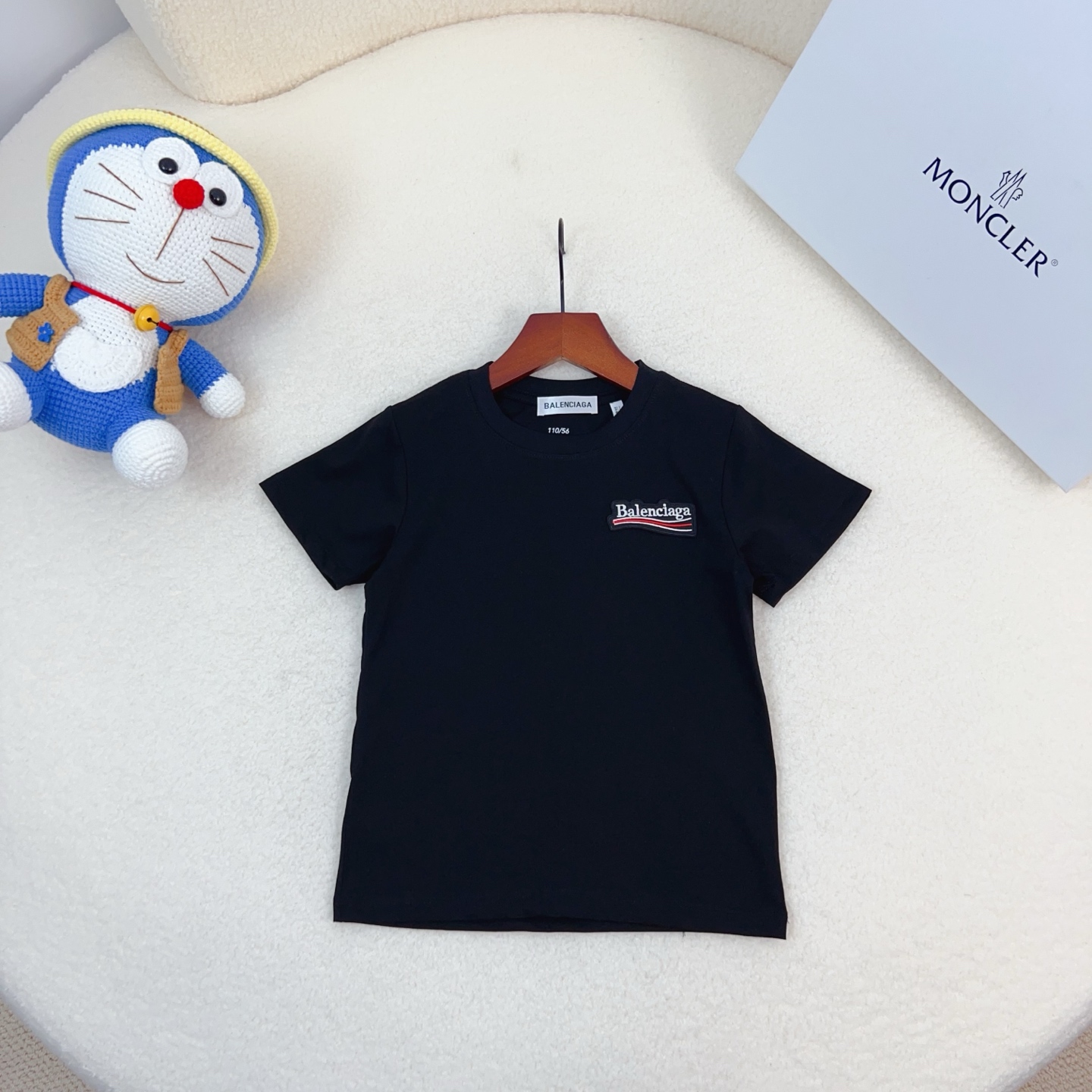 Black Balenciaga Unisex Kids Woven Patch Logo Crew Neck Short Sleeve T-Shirt Cotton Modal Boys Girls Summer Basic Tee Sizes 90-170
