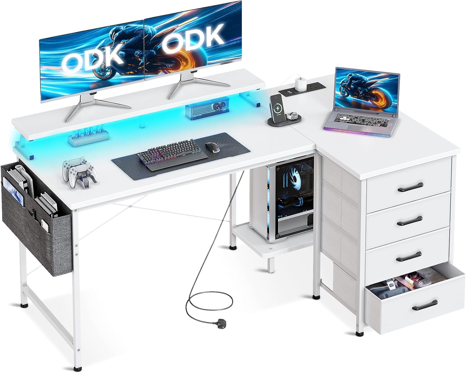ODK L Shaped Gaming Desk with LED Lights & Power Outlets, 140x80cm Corner Computer Desk with Drawers, Reversible Gaming Table with Monitor Shelf & PC Stand, Black