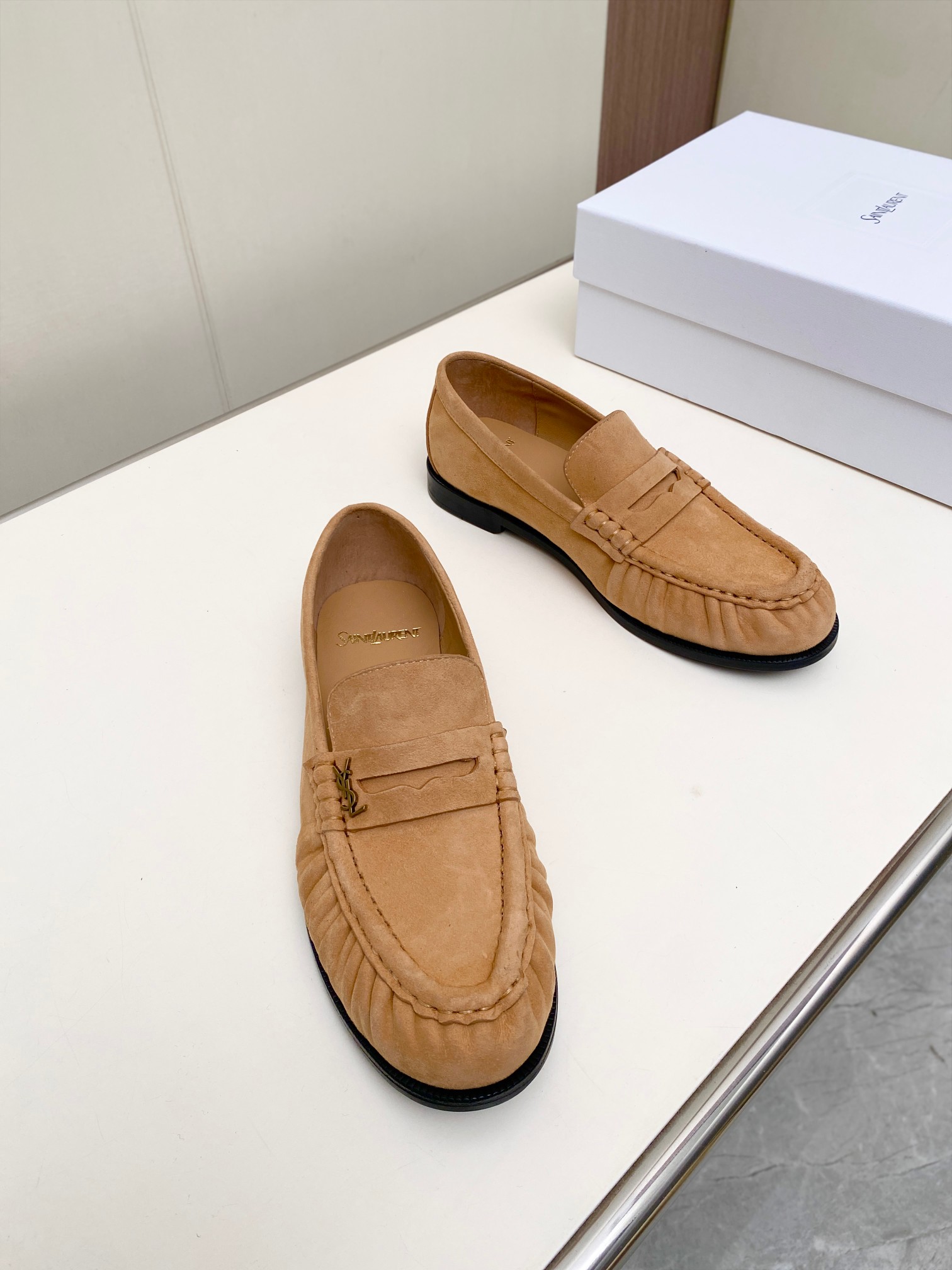 [TOP] Yves Saint Laurent YSL Loafers Shoes  - Khaki - 711 Luxury