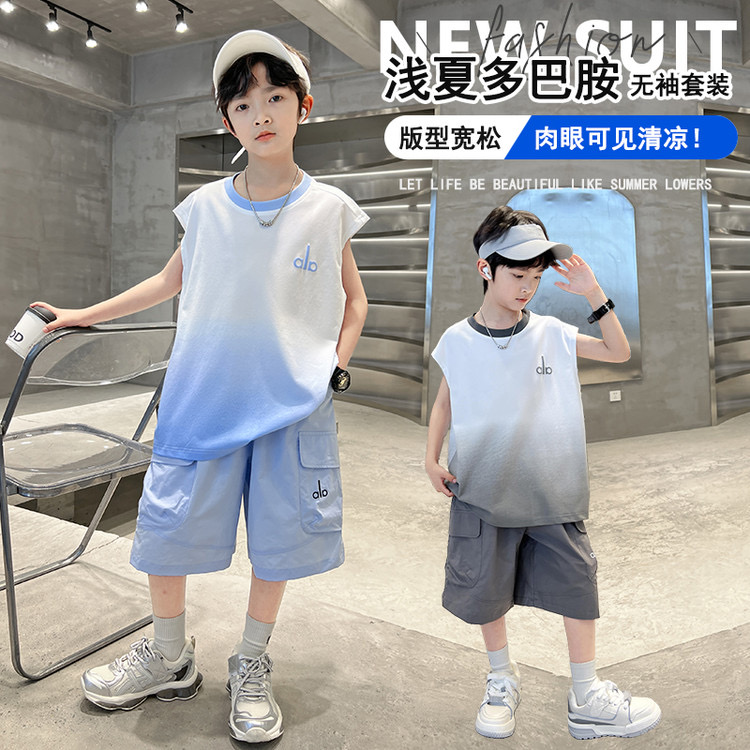 ALO Kids 2Pcs Gradient Sleeveless Tank Top & Cargo Shorts Matching Set For Boys Girls Oversize Soft Cotton Summer Outfit Sizes 120-170