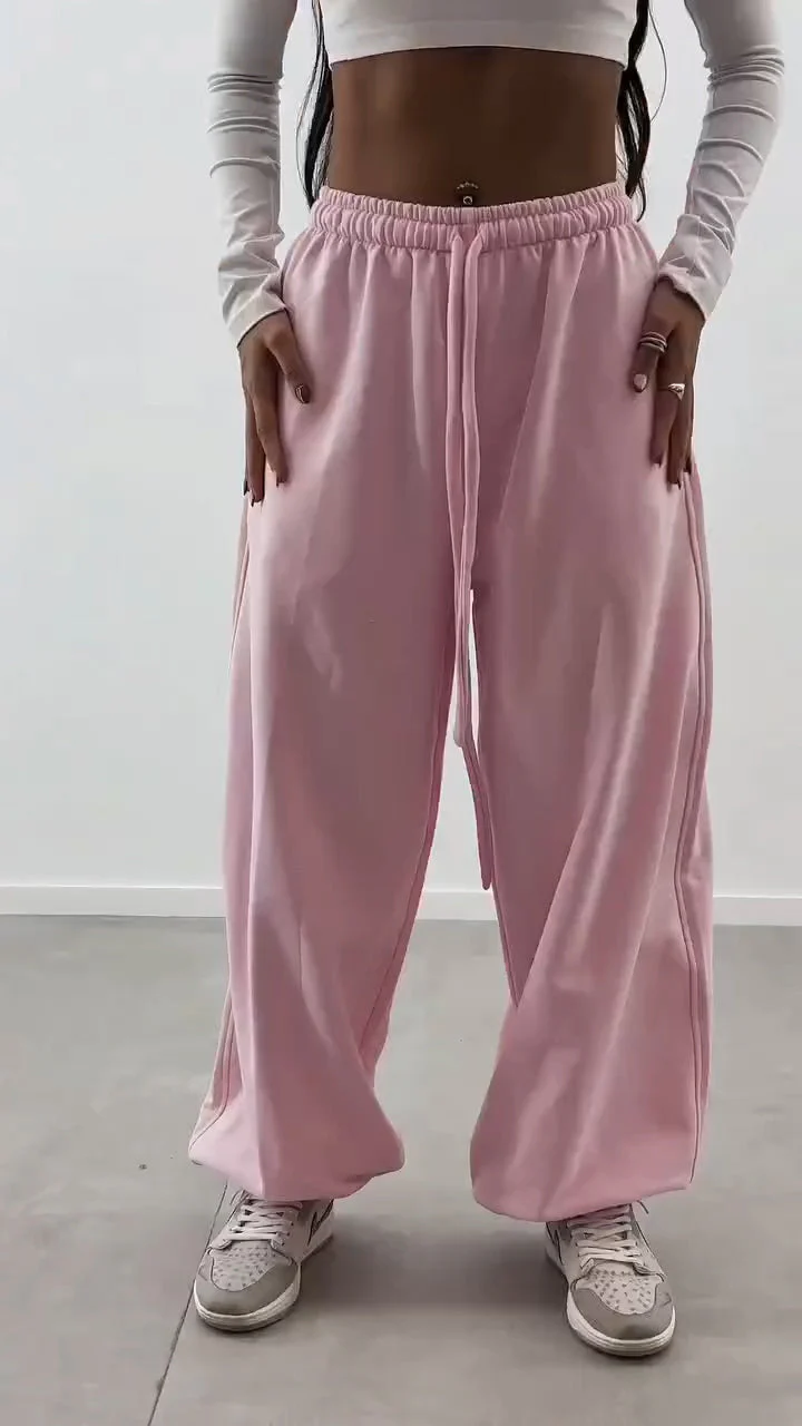 Women Drawstring Solid Color Sports Casual Wide Leg Pants