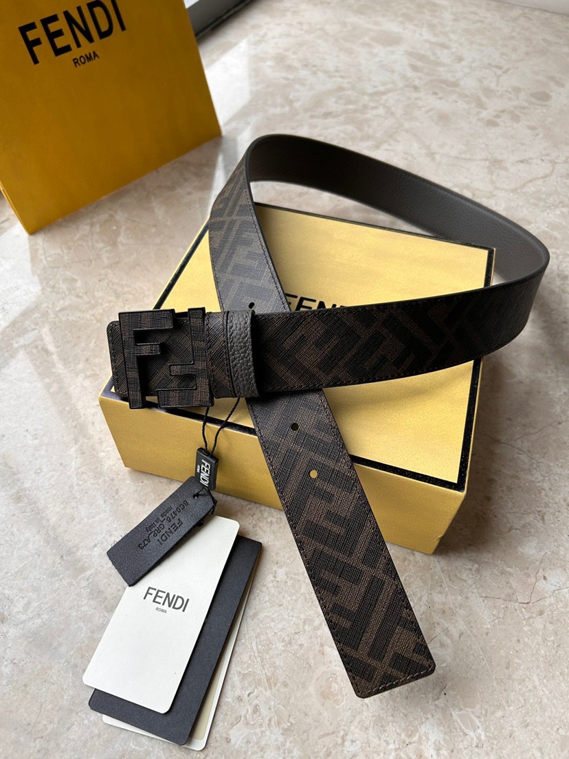[TOP] FENDI Men's Belt Cowhide 4cm - Brown and Gray - 711 Luxury