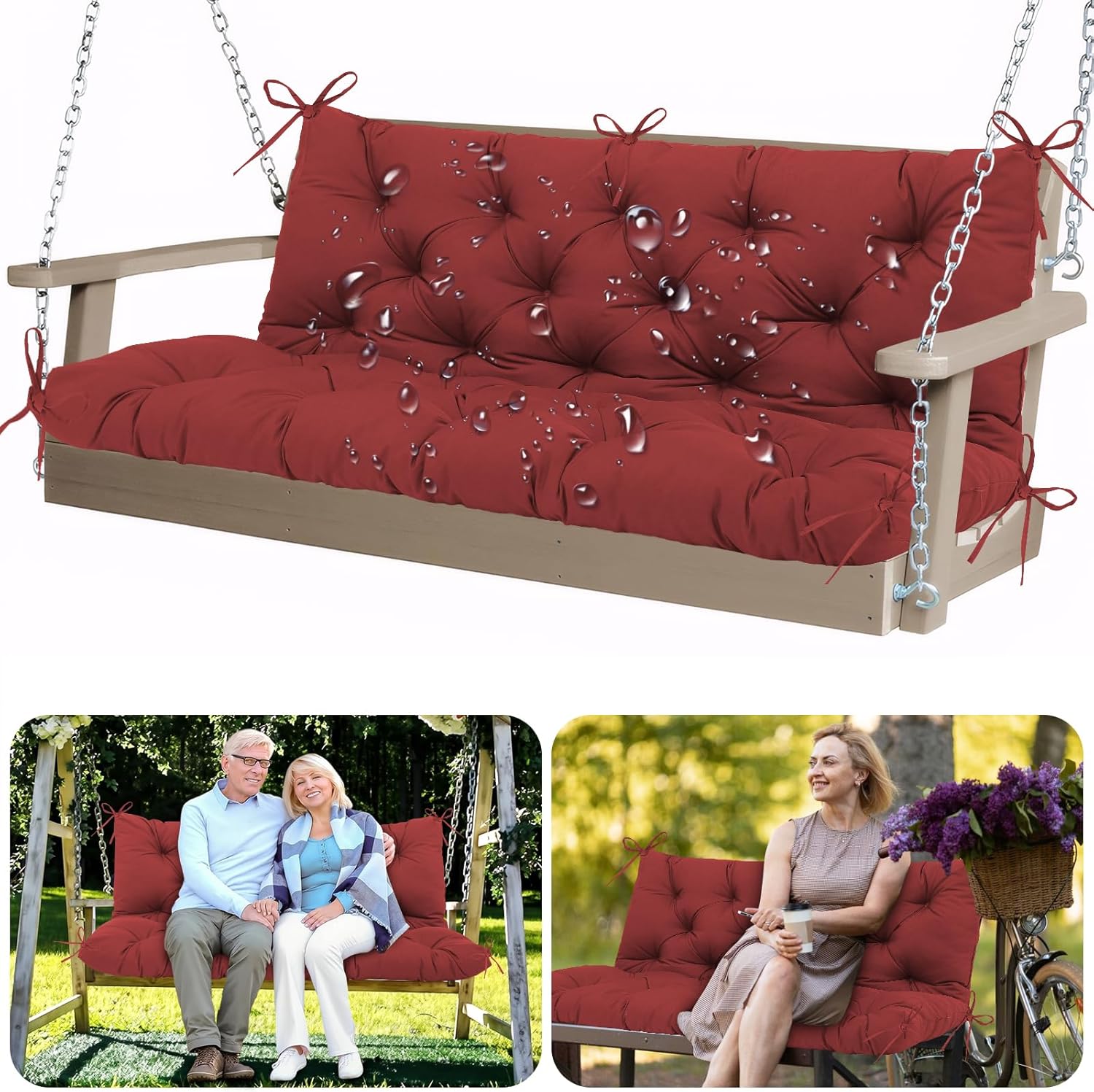 Mokoey Swing Cushion Replacement Swing Pad Waterproof Thick 4 Inch Outdoor Swing Cushion with Ties for Garden Patio Porch Furniture Swing Outdoor Bench Cushion Red 60 x 40 inch