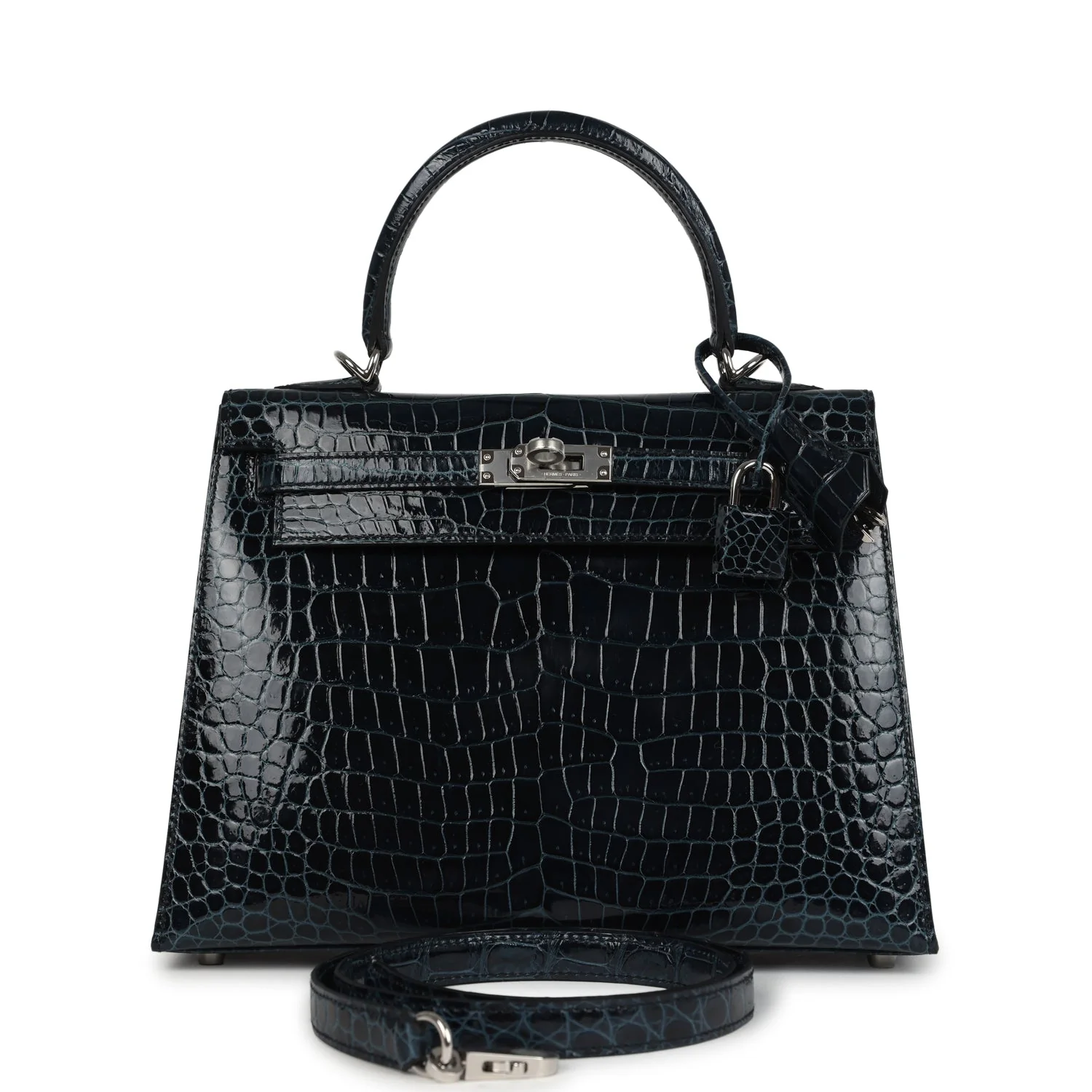 Hermes Kelly Sellier 25 Vert Rousseau Shiny Porosus Crocodile Palladium Hardware