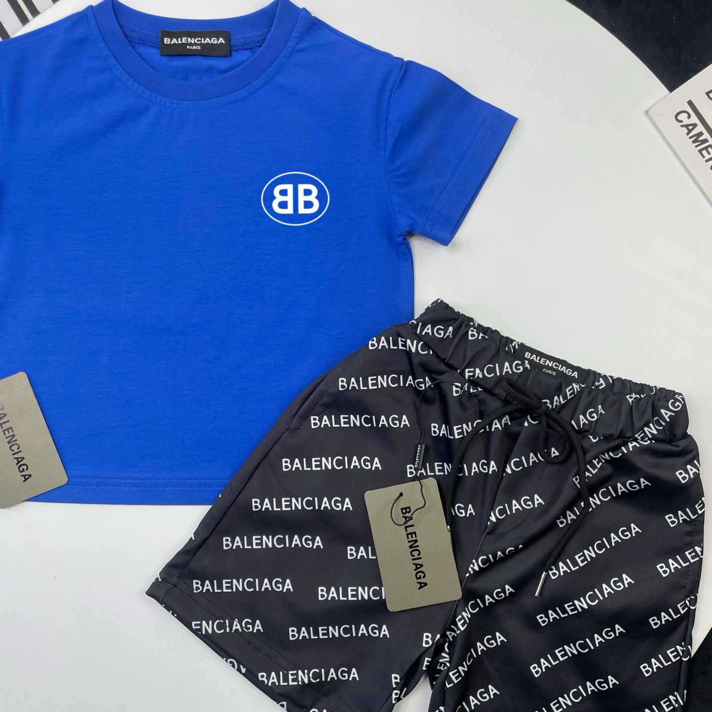 Balenciaga Unisex Kids Bright Blue Circle BB Logo Short Sleeve T-Shirt & Black All Over Letter Print Casual Shorts 2 Piece Set Boys Girls Sizes 90-150