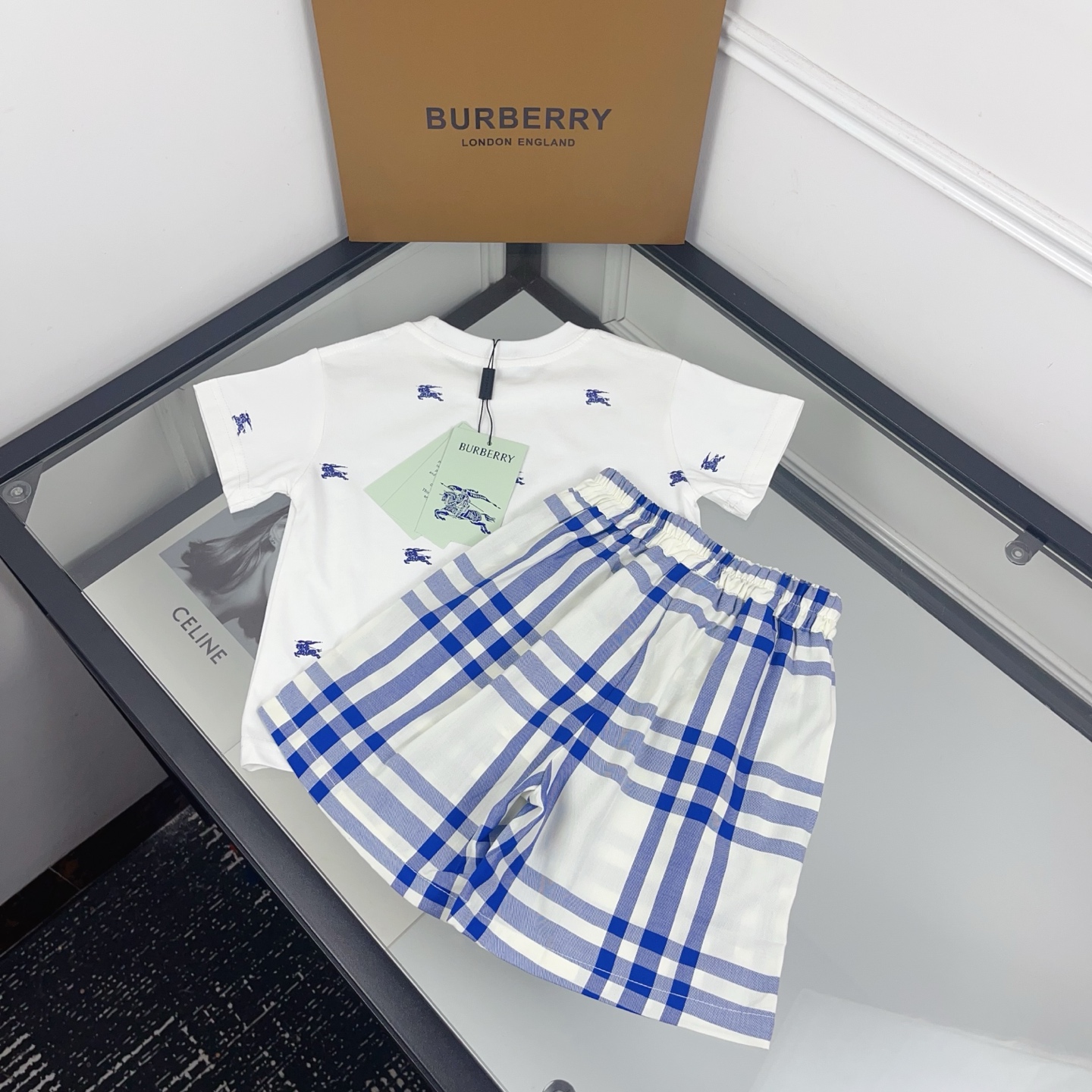 Burberry Unisex Kids All Over Blue Equestrian Print White Short Sleeve T-Shirt & Blue Vintage Check Shorts 2 Piece Summer Set Boys Girls Sizes 90-150