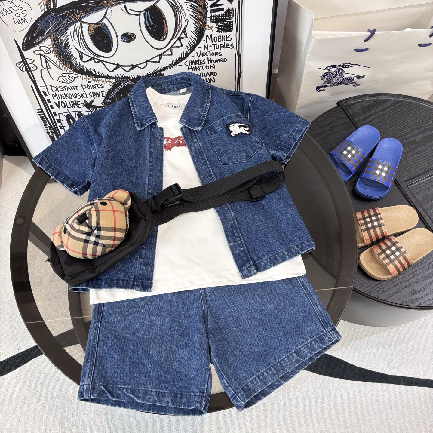 Burberry Unisex Kids Blue Soft Denim Short Sleeve Shirt & Elastic Waist Shorts Two Piece Limited Year Of Horse Matching Set Boys Girls Sizes 100-160