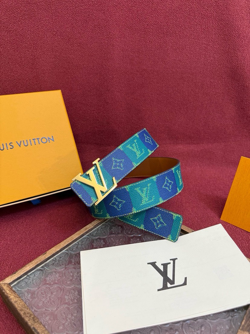 [TOP] Louis Vuitton LV Men's Initiales College Monogram Heritage Belt 4 cm - Blue and Green - 711 Luxury