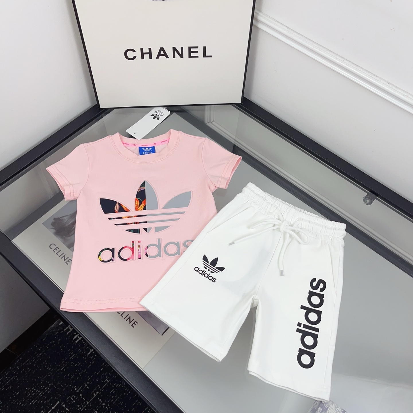 Adidas Girls 2 Piece Summer Tracksuit Set Colorful Gradient Trefoil Print Short Sleeve T-Shirt & Drawstring White Shorts Sibling Matching Kids Outfit Sizes 90-130