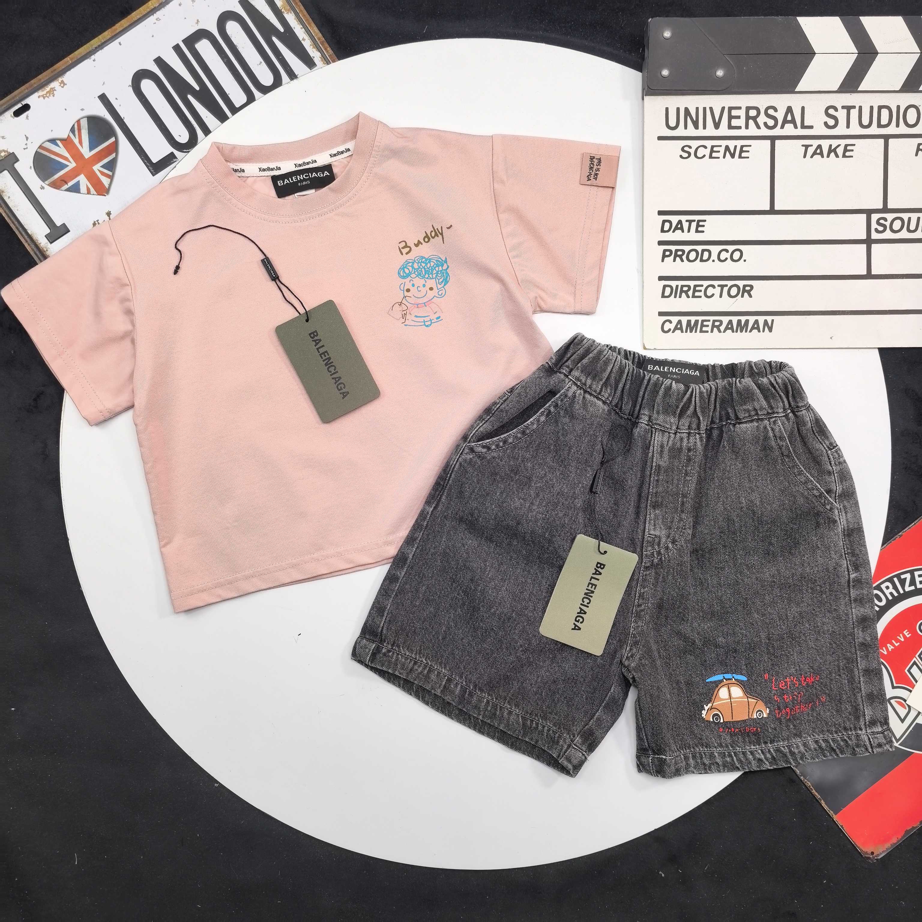 Balenciaga Unisex Kids Front Back Graffiti Cartoon Print Short Sleeve T-Shirt & Washed Denim Shorts 2 Piece Outfit Boys Girls Sizes 90-150