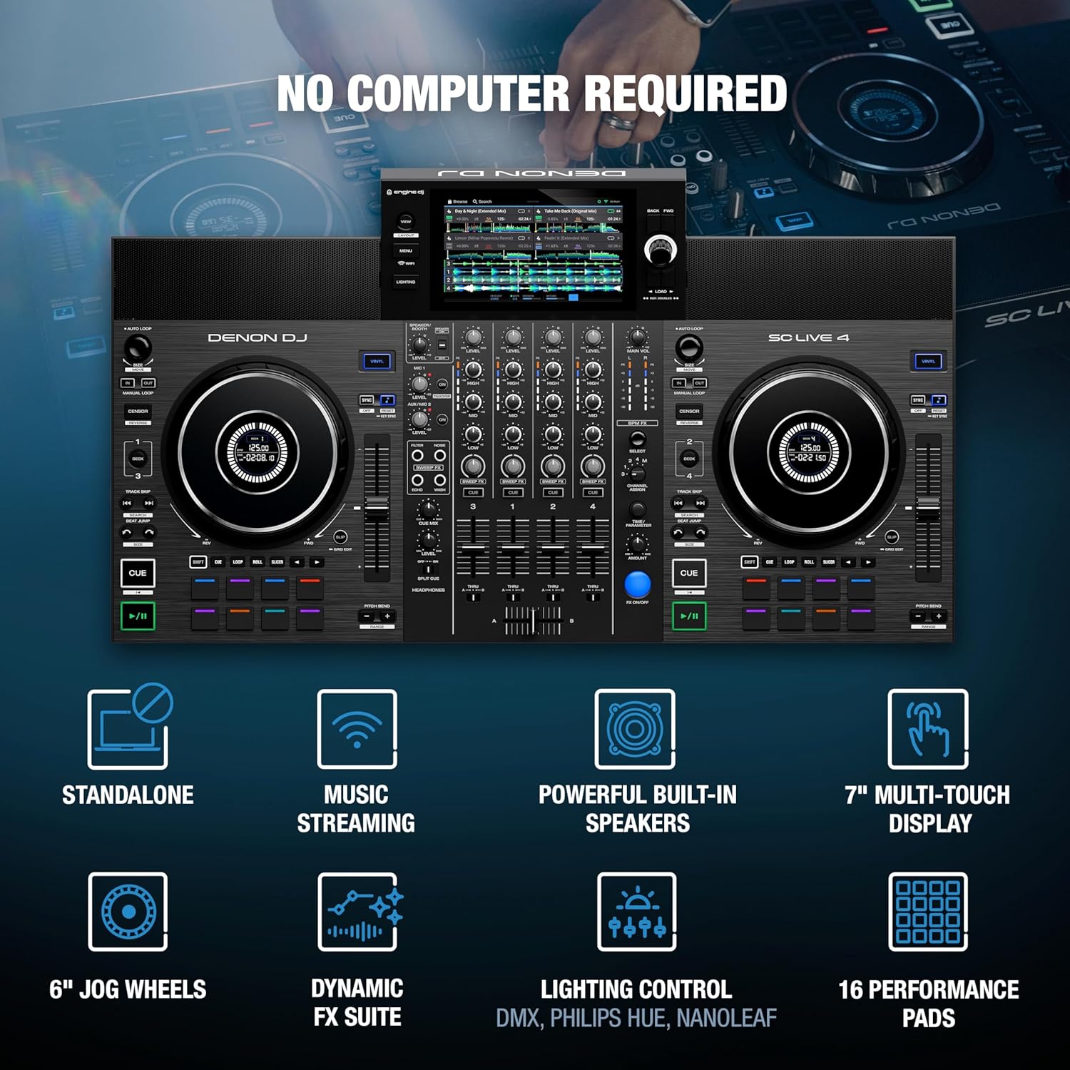Denon DJ SC LIVE 4 Standalone DJ Controller with Stem Separation on 4-Decks, Wi-Fi Streaming, Build-in Speakers, Serato DJ and Virtual DJ Compatible