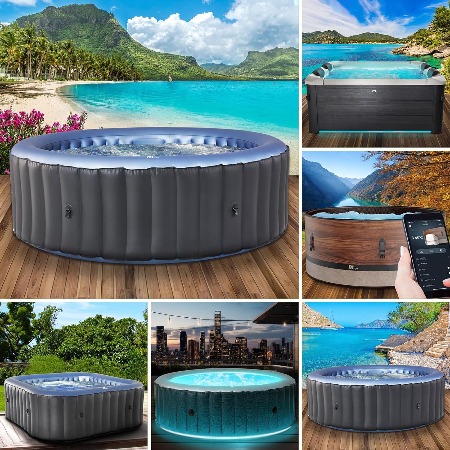 BRAST® MSpa Inflatable Whirlpool, 4-8 People, Many Models, Round and Square, Diameter 125-224 cm, Indoor, Outdoor Pool, Up to 144 Massage Jets, Includes Inflation Function Cover, Timer Heating, Bergen