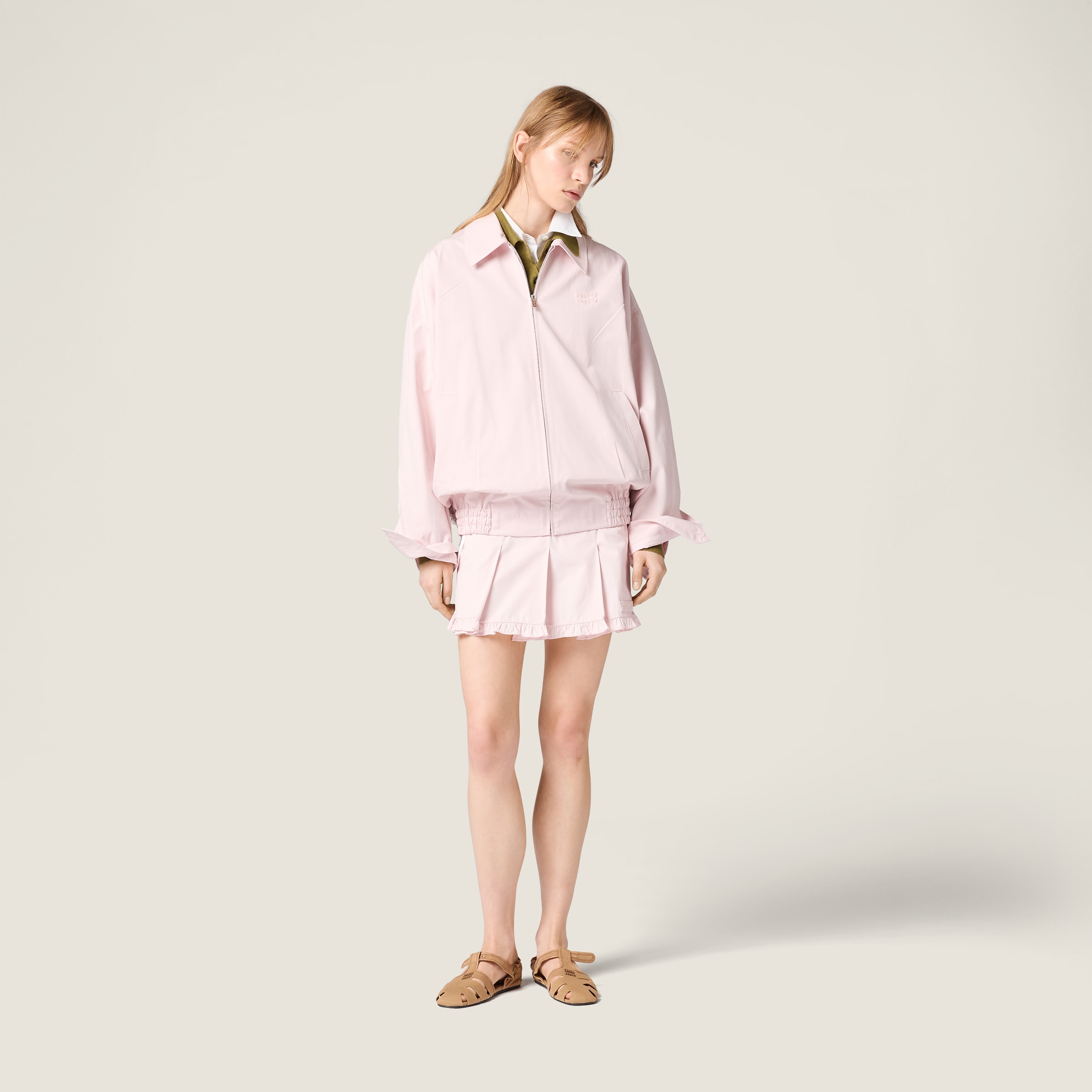 Designer pink Clothing MiuMiu Alabaster Pink Poplin Blouson Jacket #378657 View 2 | Nigo Office