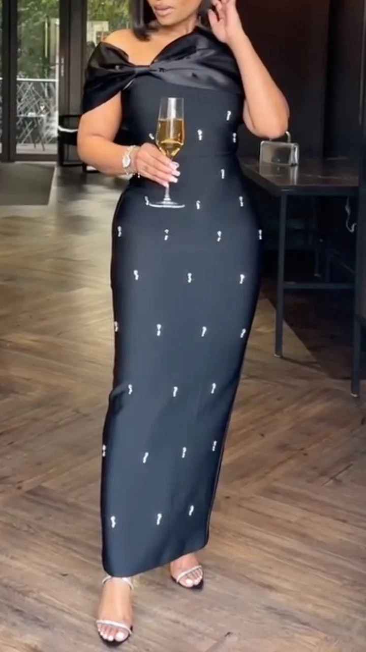 Women's Off-shoulder Beaded Dress with Bow