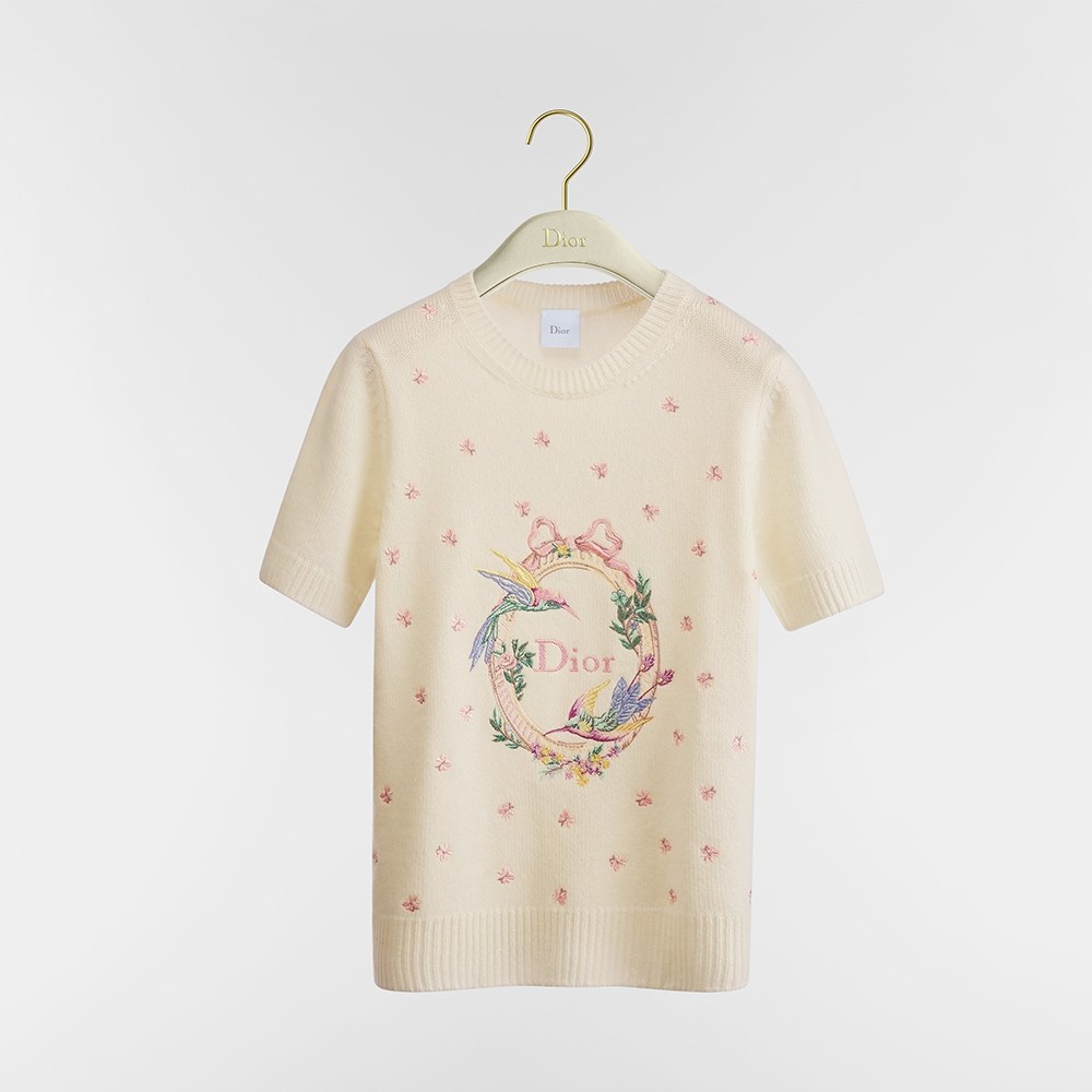Dior white Clothing DIOR Dior Qixi Embroidered Short-Sleeved Sweater White Cashmere Jersey with Multicolor Dior Colibri Motif