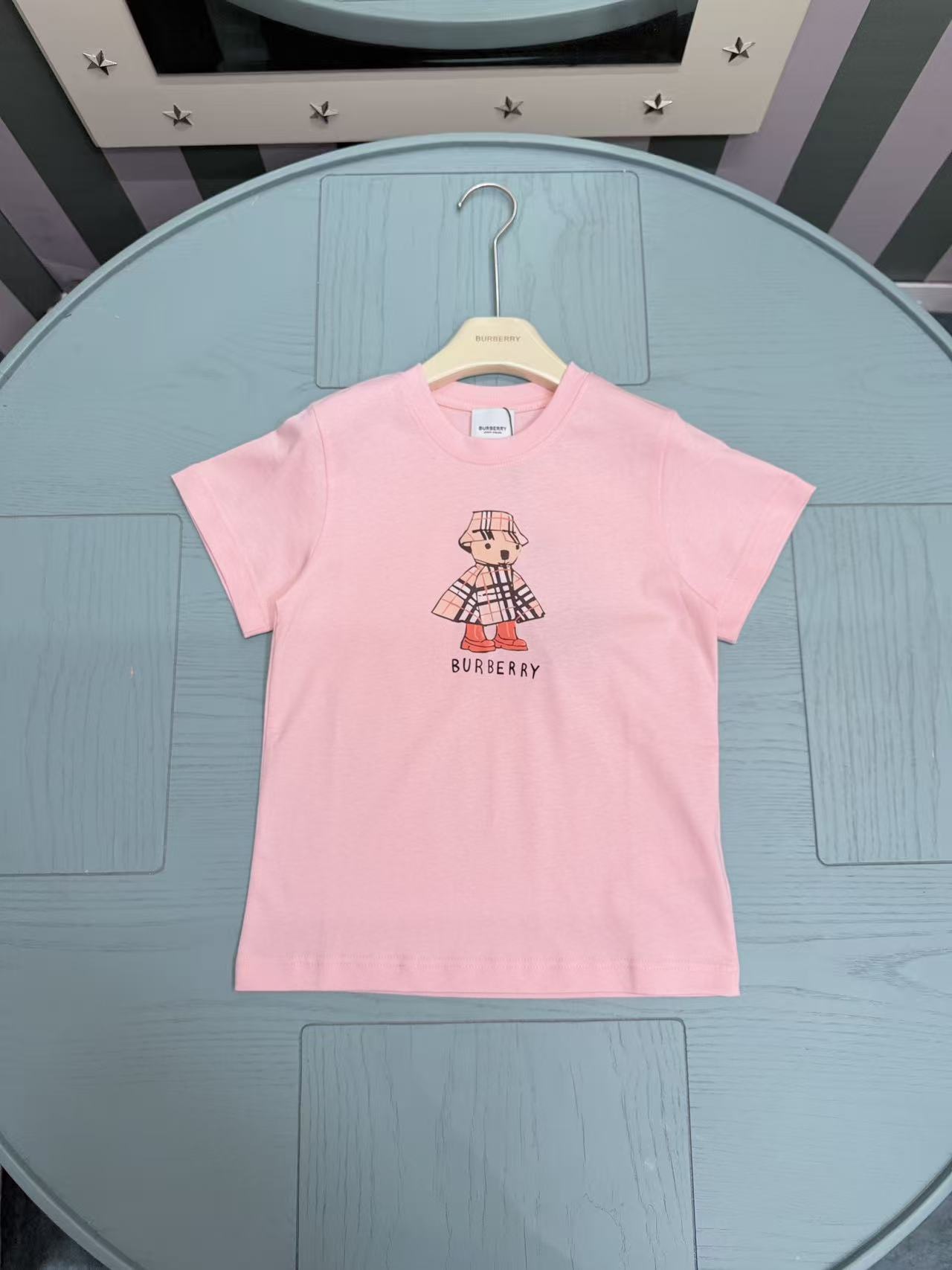 Burberry Unisex Kids Pink Vintage Check Coat Teddy Bear Print Crew Neck Short Sleeve T Shirt Boys Girls Sizes 100-160
