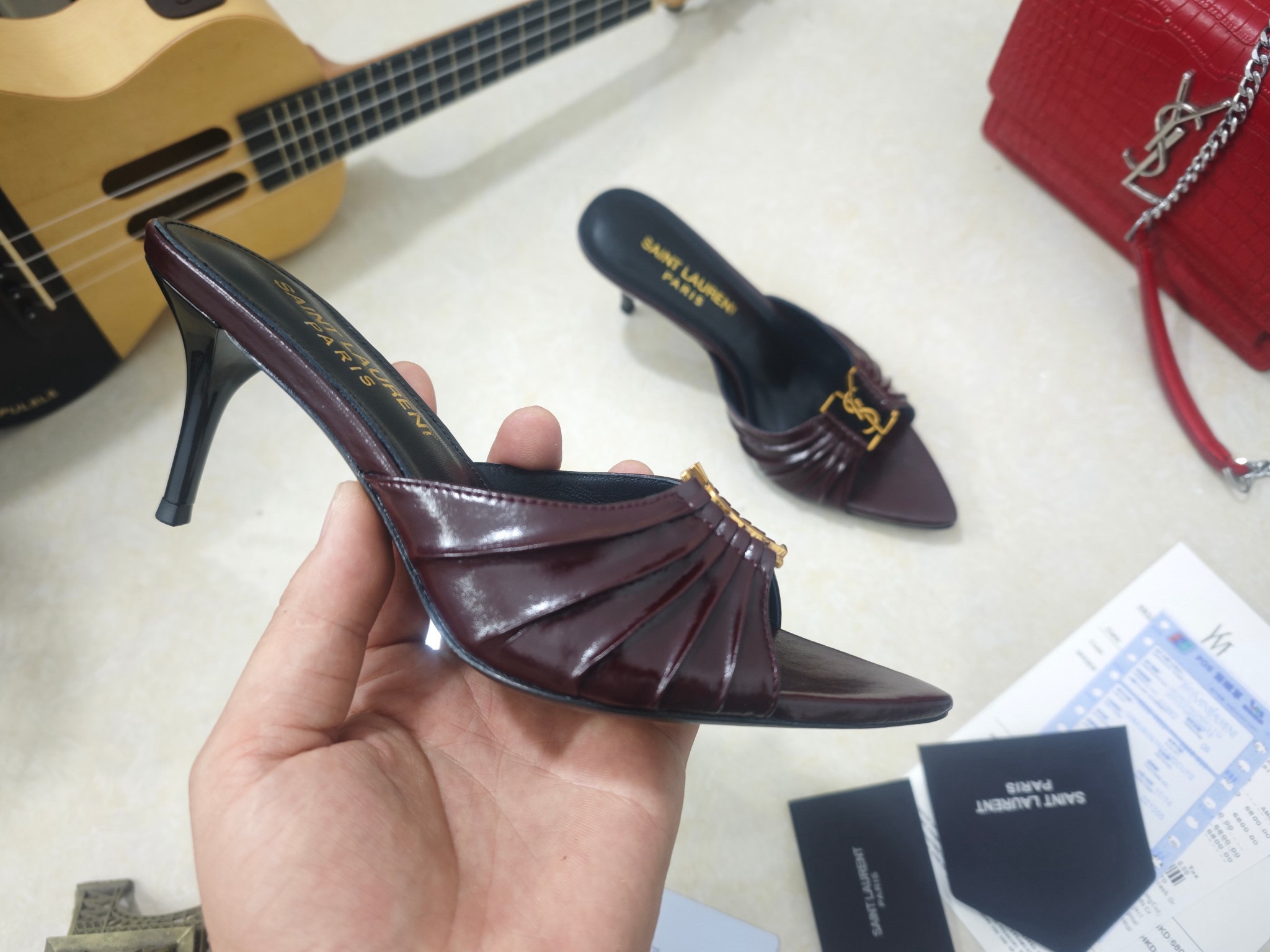 [TOP] Yves Saint Laurent YSL 6cm Mid Heels Slippers - Dark Red - 711 Luxury