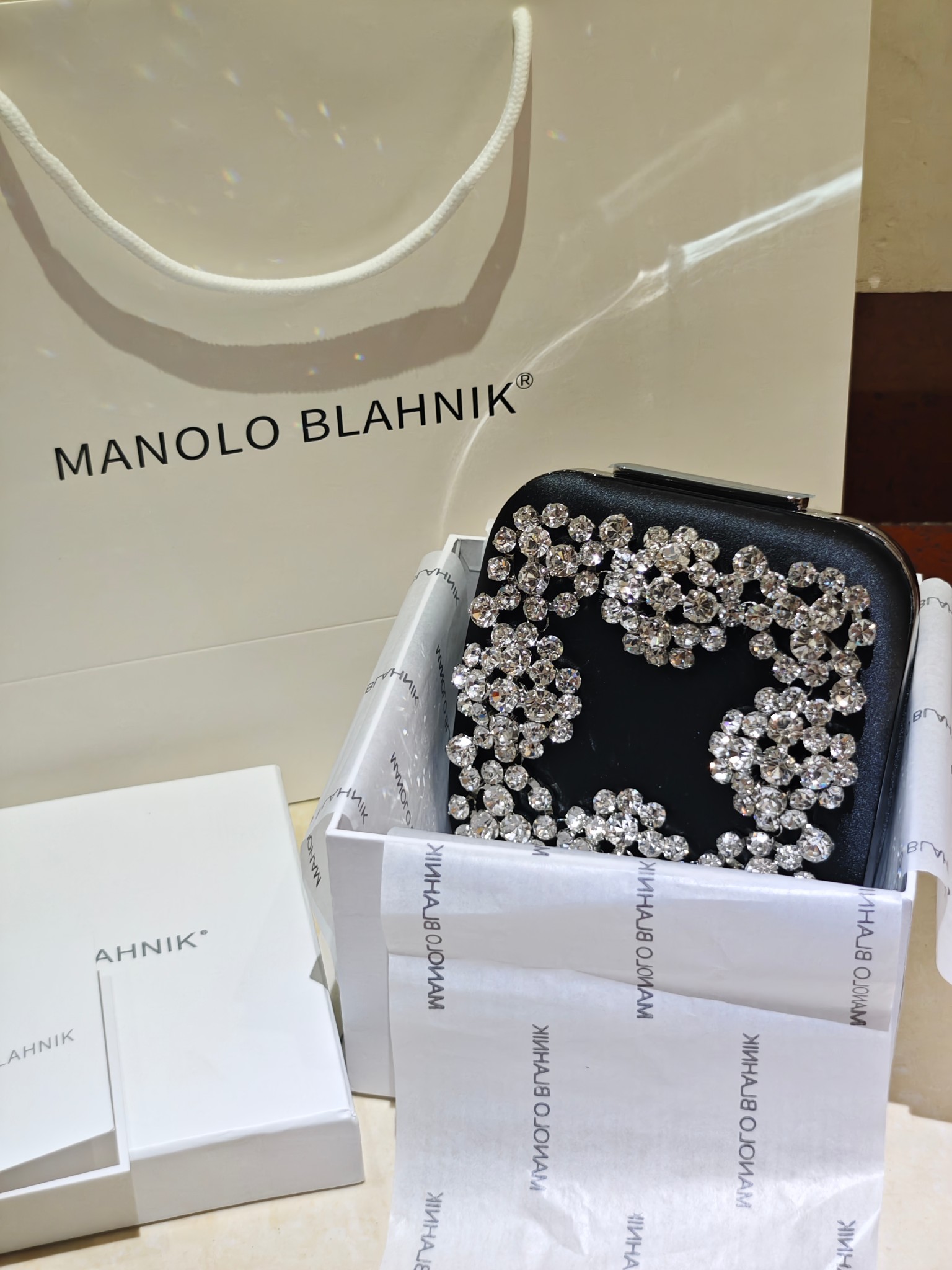[TOP] MANOLO BLAHNIK Lace-patterned Square Bag 15.8*17*7.3cm - Dark Blue - 711 Luxury