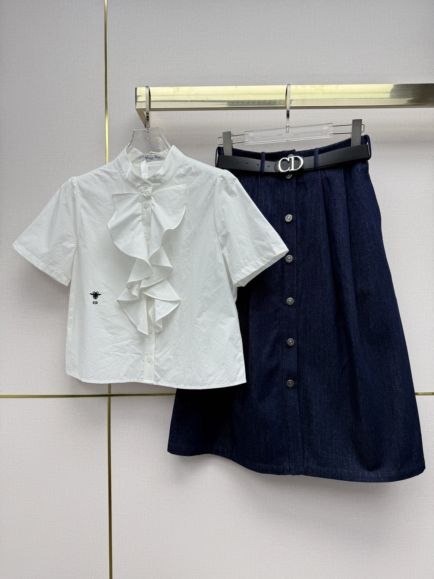 [TOP] Christian Dior Stand Collar Ruffled Short-Sleeve Shirt + Denim Skirt with Belt - White/Blue