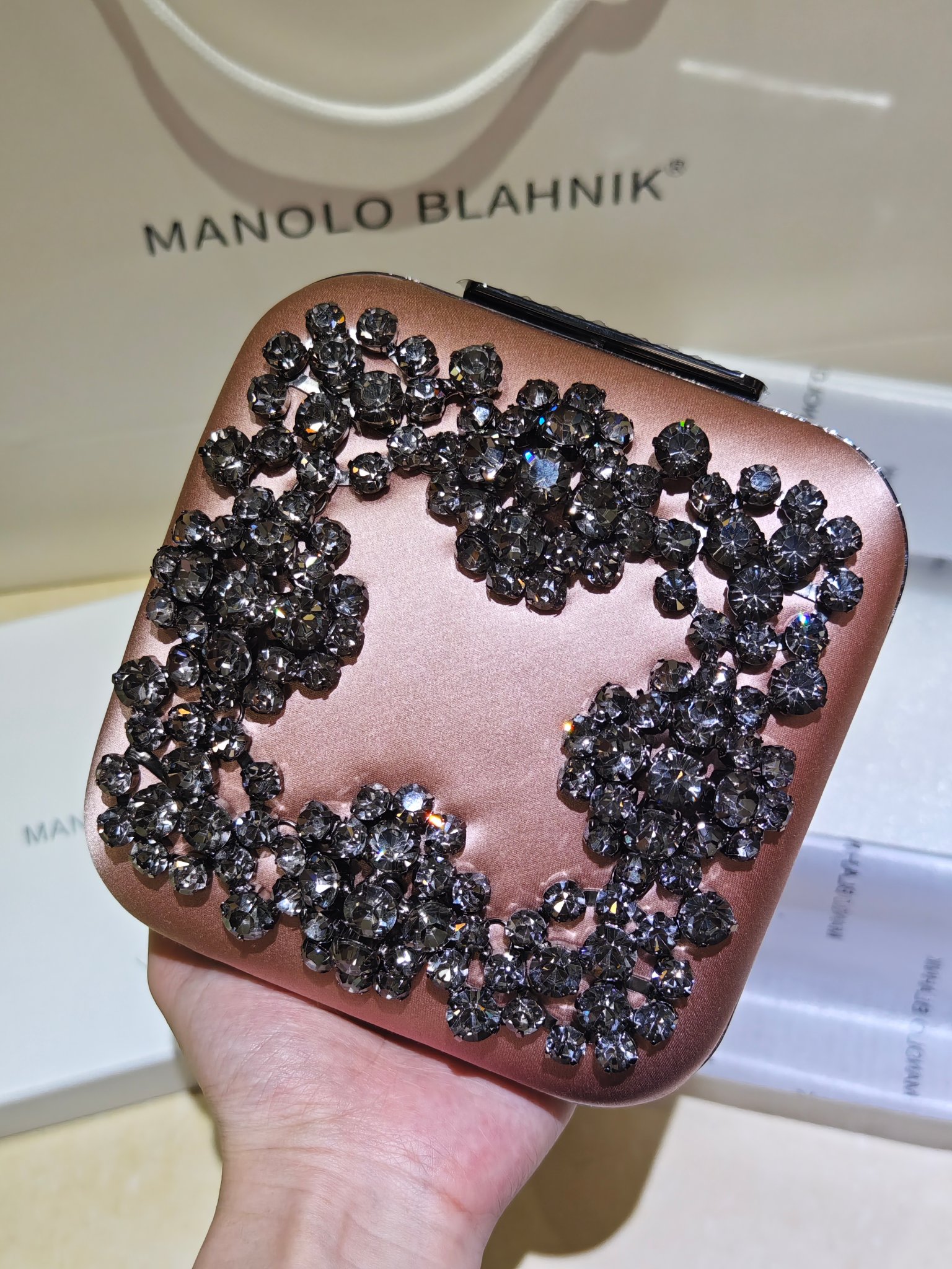 [TOP] MANOLO BLAHNIK Lace-patterned Square Bag 15.8*17*7.3cm - Pink - 711 Luxury