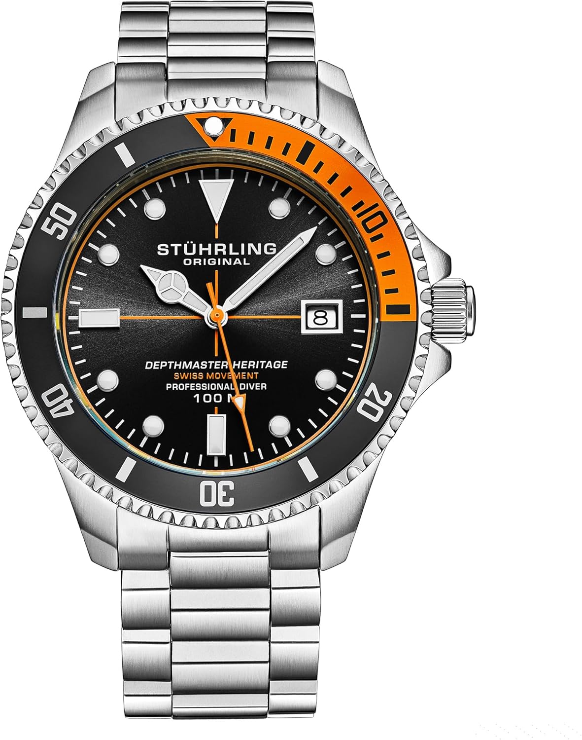 Stuhrling Depthmaster Heritage Diver Swiss Quartz Watch, 42mm, Teal Dial, Stainless Steel, 100M Water Resistant