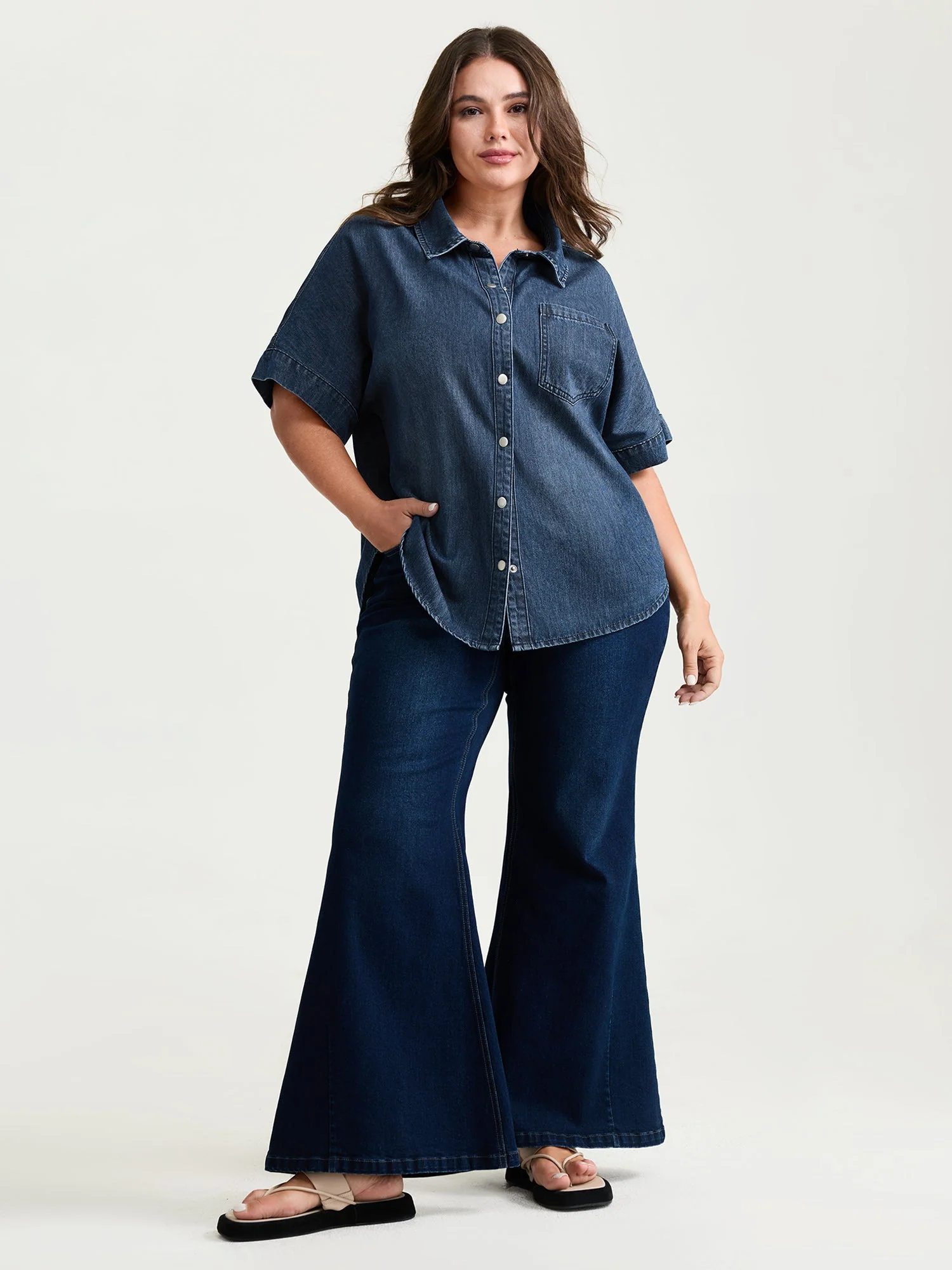 Button Detail Collar Pocket Denim Top