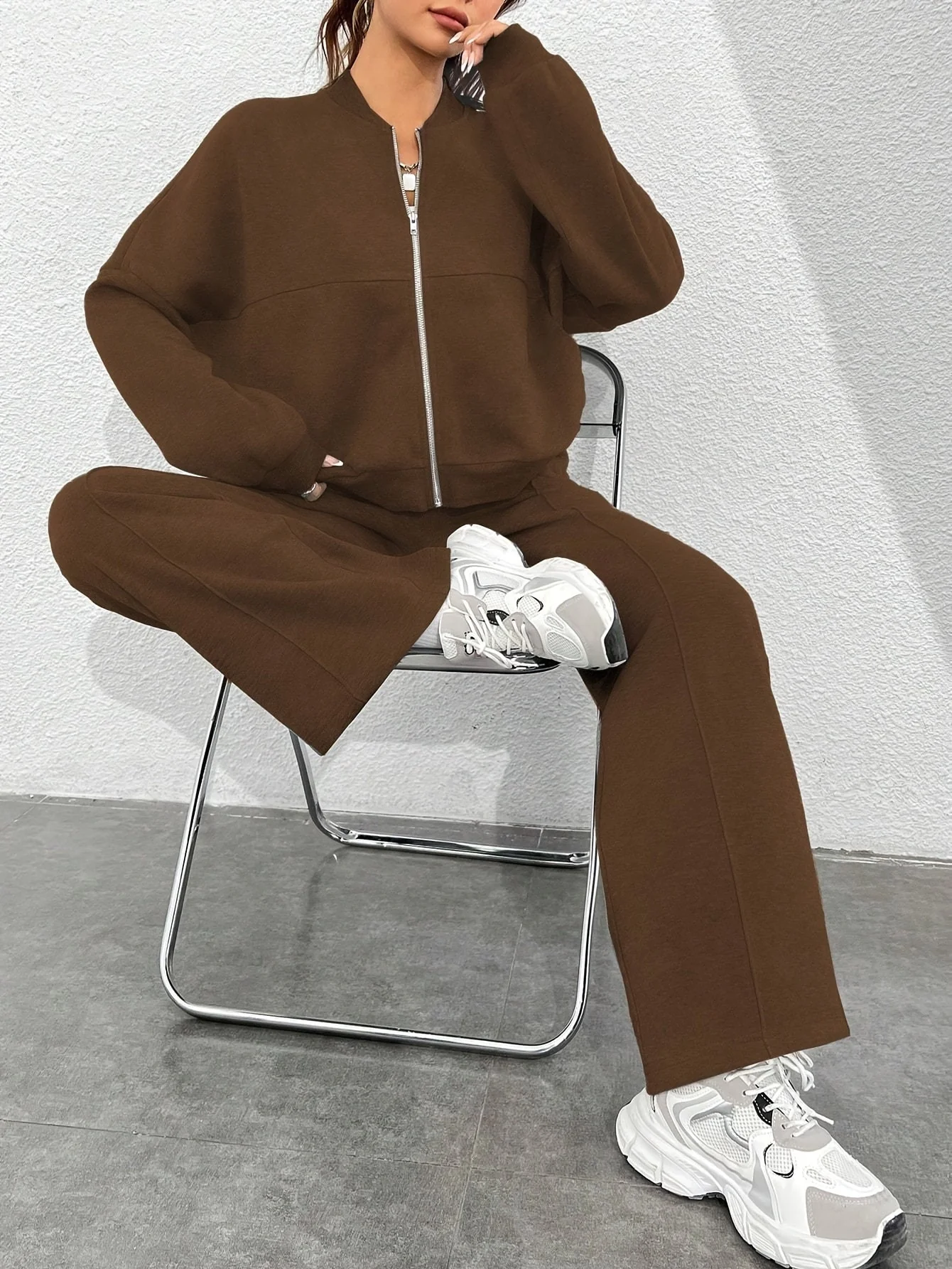 Zip-up Collarless‌ Cardigan Pants Set