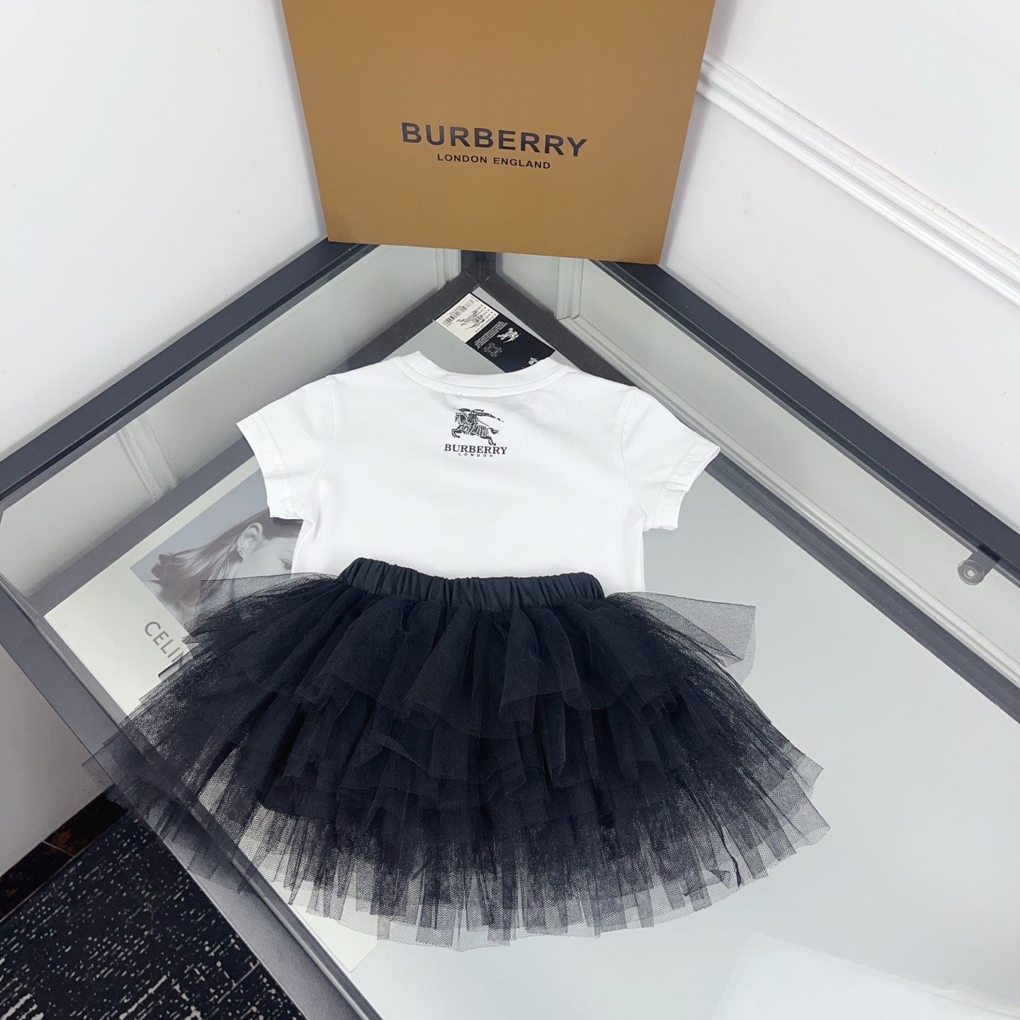 Burberry Girls White Rhinestone Equestrian Logo Short Sleeve T Shirt & Multi-Layer Black Tulle Tutu Skirt Two Piece Princess Outfit Sizes 90-130, Little Girls Matching Set