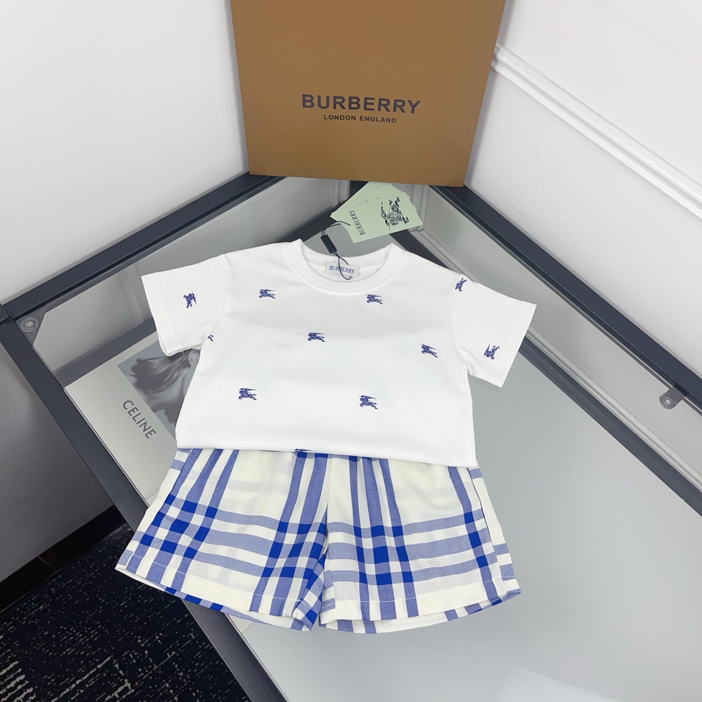 Burberry Unisex Kids All Over Blue Equestrian Print White Short Sleeve T-Shirt & Blue Vintage Check Shorts 2 Piece Summer Set Boys Girls Sizes 90-150