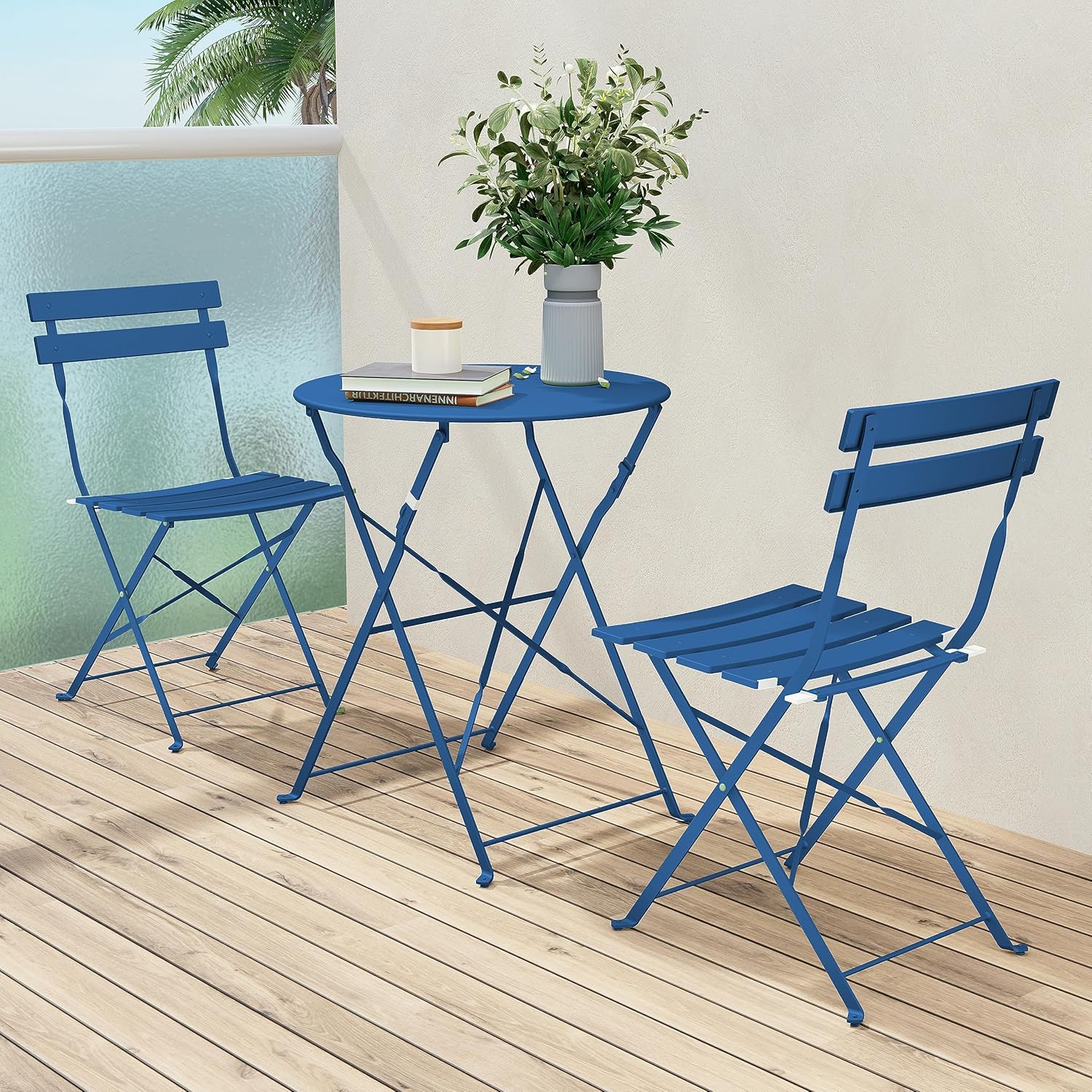 blue folding bistro set outdoor garden table and two chairs metal patio furniture set