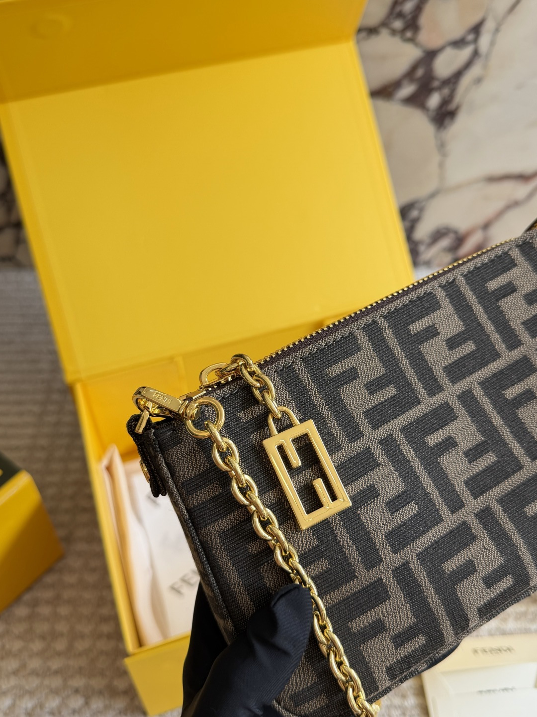 Fendi Brown and White Canvas Clutch with Gold-tone Hardware and Detachable Chain (Replica)