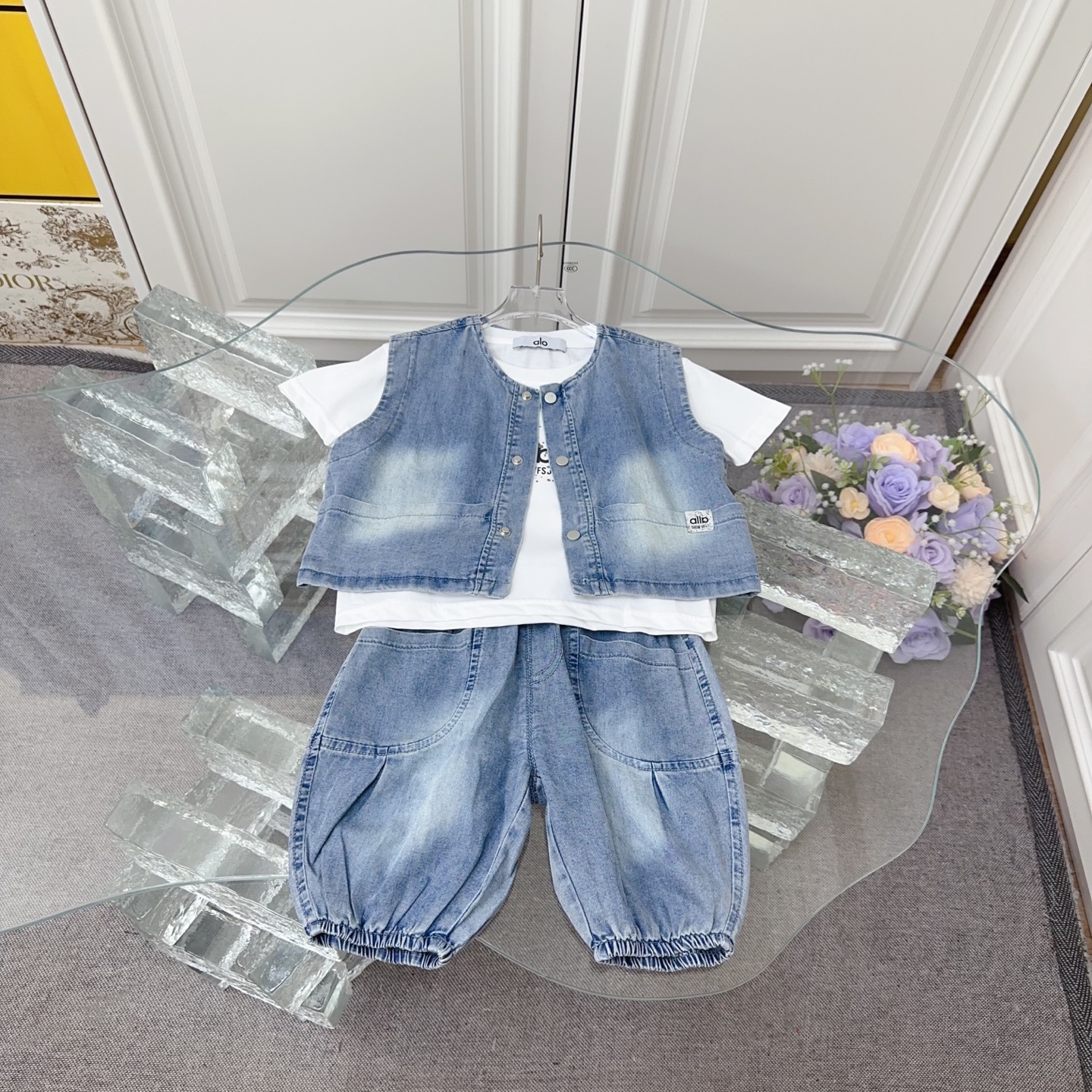 Alo Unisex Little Boys Girls 3-Piece Washed Gradient Denim Vest Printed Tee & Harem Shorts Korean Casual Outfit Set Sizes 90-130