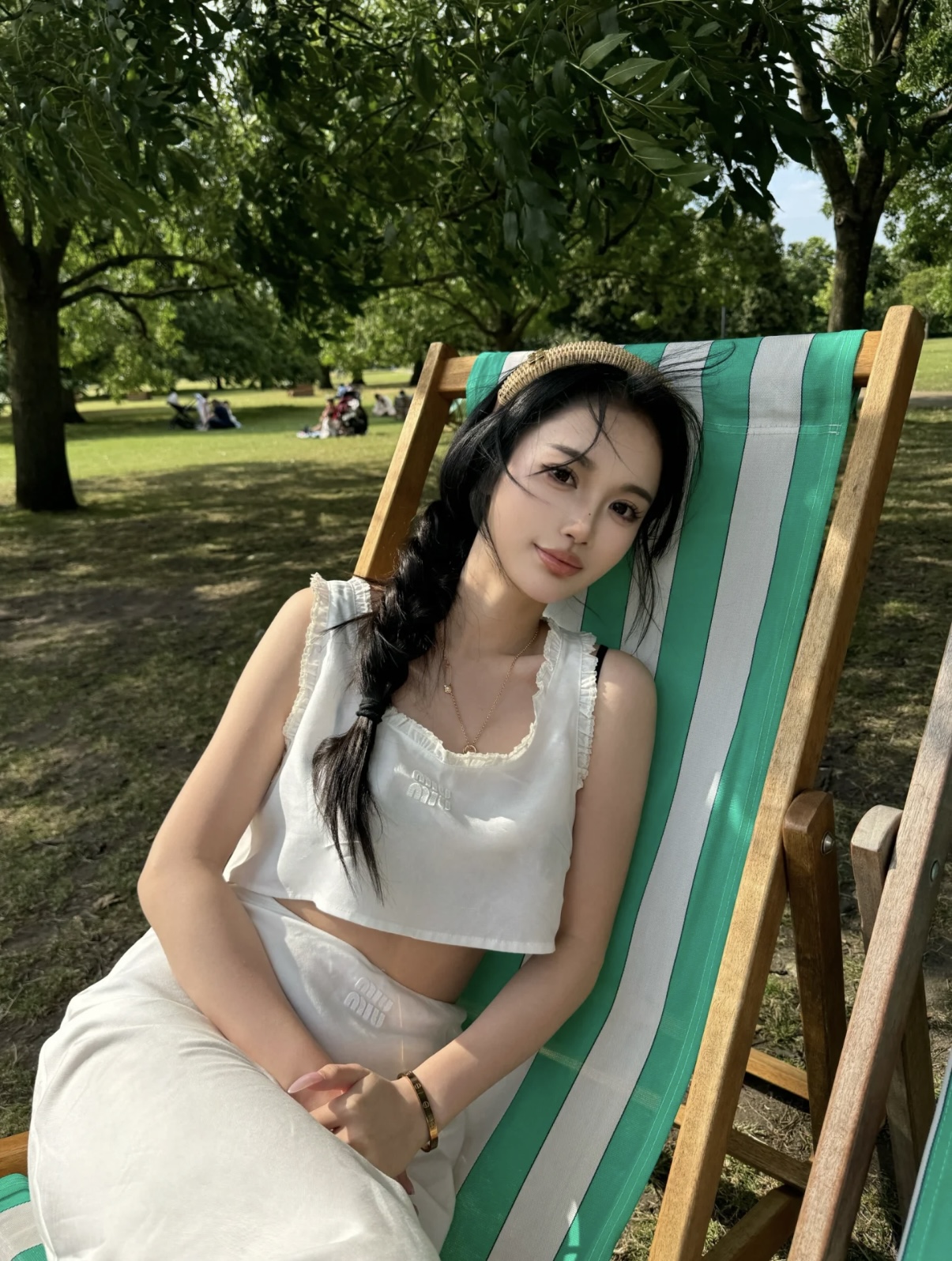 Designer brown Accessory MIUMIU Rattan and Brown Leather Headband With Gold Letters View 2 | Nigo Office